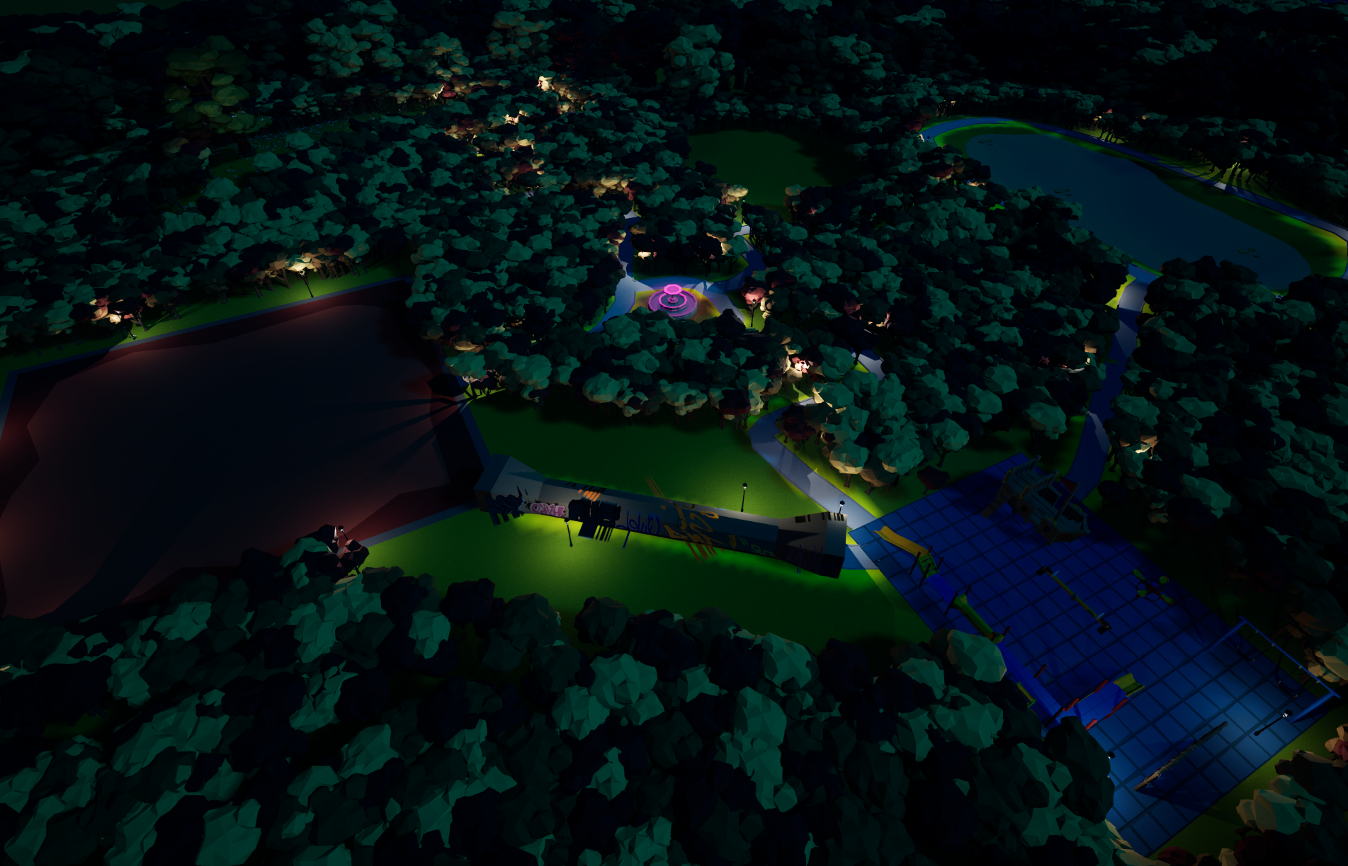 Version 5- Experimenting with night lighting and adding in different areas in between the main 4. Blue Night Lighting is used instead of Black so visibility is not affected as much