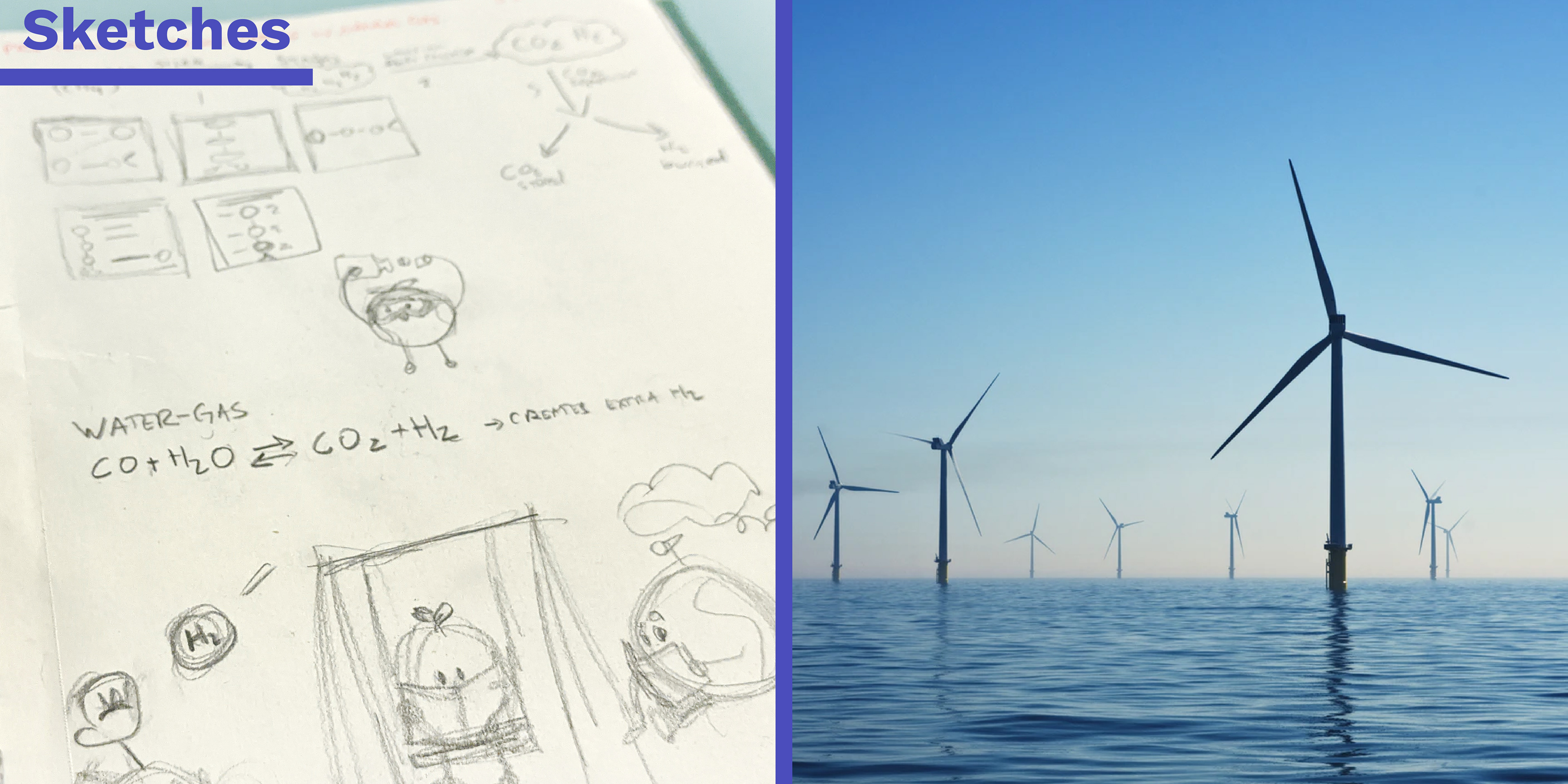 A rectangular image split down the middle with a blue bar to create two square images. On the left is a photo of a sketchbook page showing various sketches used to create Climate Science images. There is overlayed text at the top left of the image that says "Sketches" and is underlined. On the right side of the image is a photograph of wind turbines in the ocean.