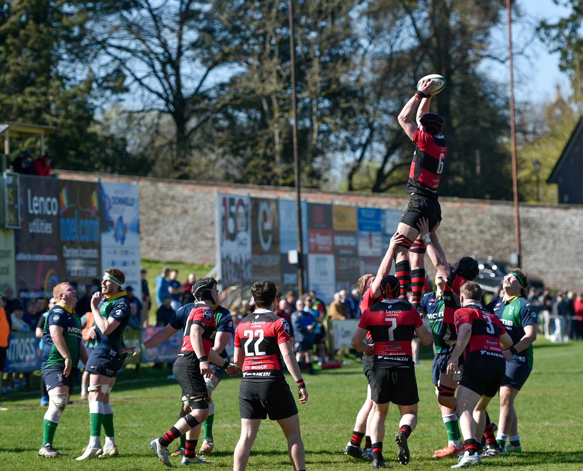 No 6 John Glasgow catches high ball from line out.Armagh v Ballynahinch, Palace Grounds, 05-04-2025