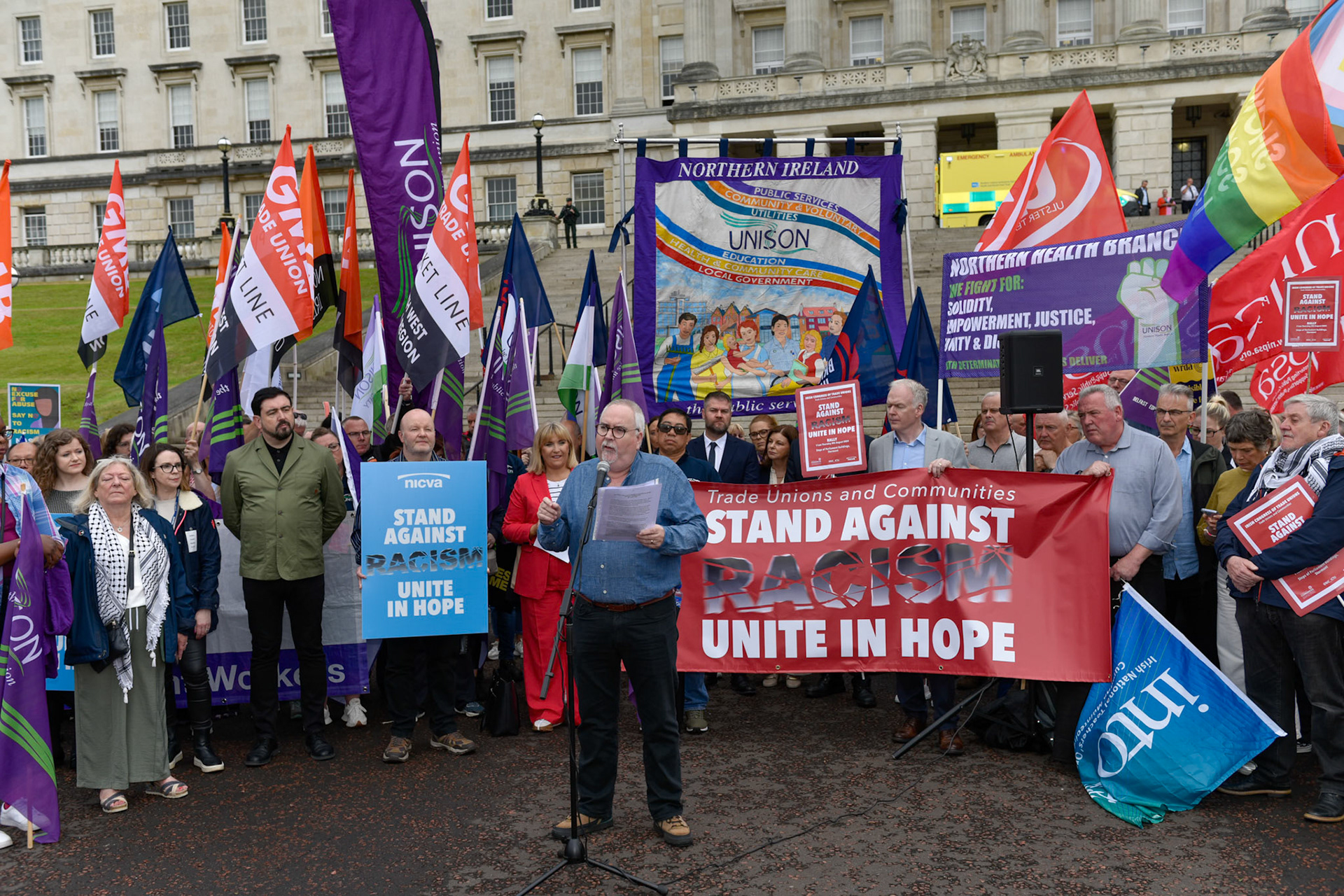 Irish Congress of Trade Unions (ICTU) Stand Against Racism rally at:Stormont Parliament Buildings, Dundonald, N Ireland. Thursday 8th August 2024.Trade Unions from across N. Ireland are protesting the recent Far-Right violent disorder and attacks on individuals, their homes and businesses across UK and Ireland.