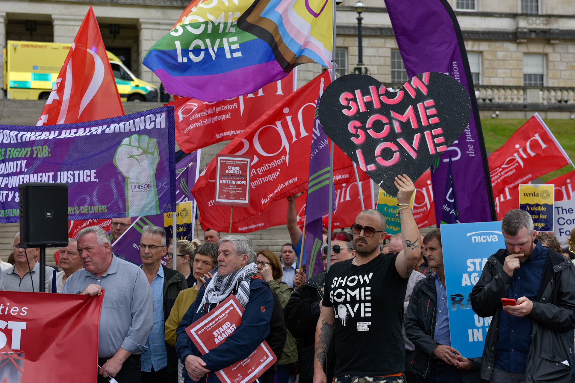 Irish Congress of Trade Unions (ICTU) Stand Against Racism rally at:Stormont Parliament Buildings, Dundonald, N Ireland. Thursday 8th August 2024.Trade Unions from across N. Ireland are protesting the recent Far-Right violent disorder and attacks on individuals, their homes and businesses across UK and Ireland.