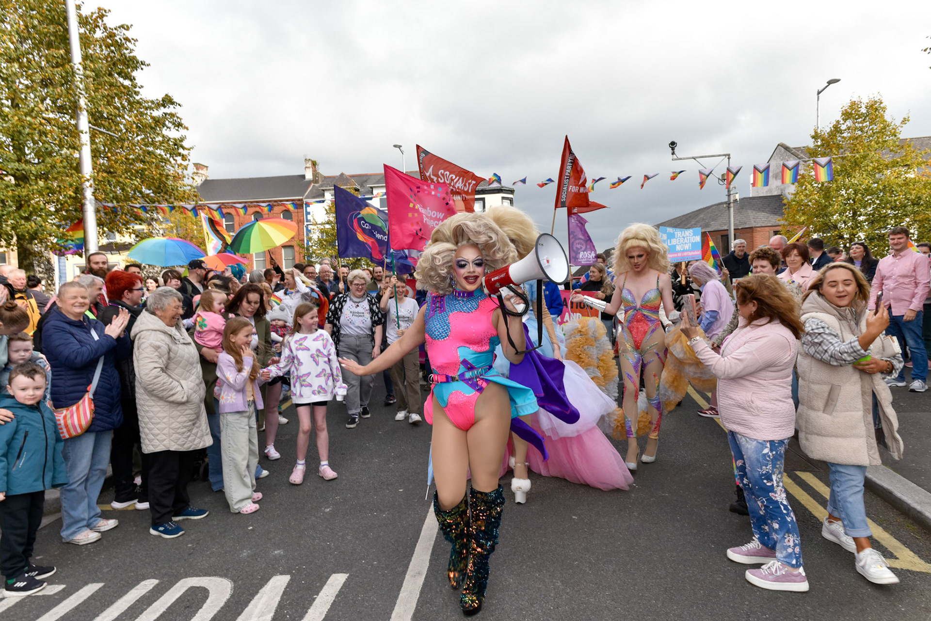 1230Hrs Saturday 5th October 2024Lurgan Co Armagh Lurgan  holds its first ever Pride Parade in Carnegie Street. Drag Queens lead 100s of supporters of the LGBTQIA+ community down Carnegie Street. Meanwhile a (10 participants) counter Pride Parade protest from  White Fields  Gospel group Tandragee Co Armagh, was held  in the town centre.