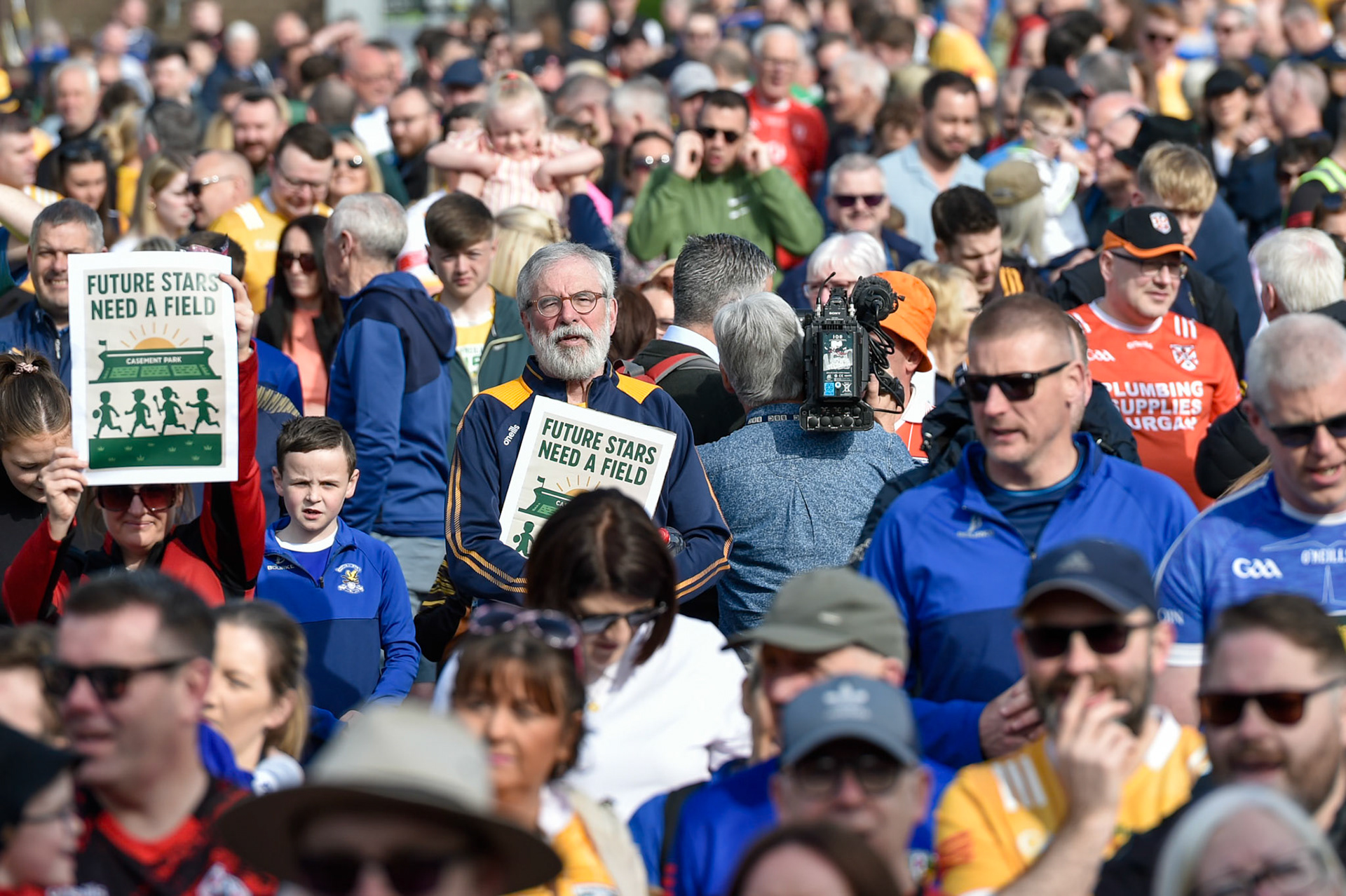 Gerry Adams shows his support for a new Casement Park.Casement Park Rally Organised South Antrim GAA &amp; Gaels for Casement12-04-2025