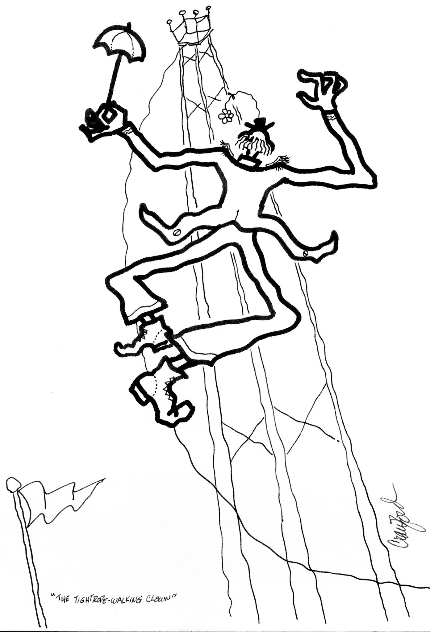 The Tightrope-Walking Clown; Pen and ink drawing