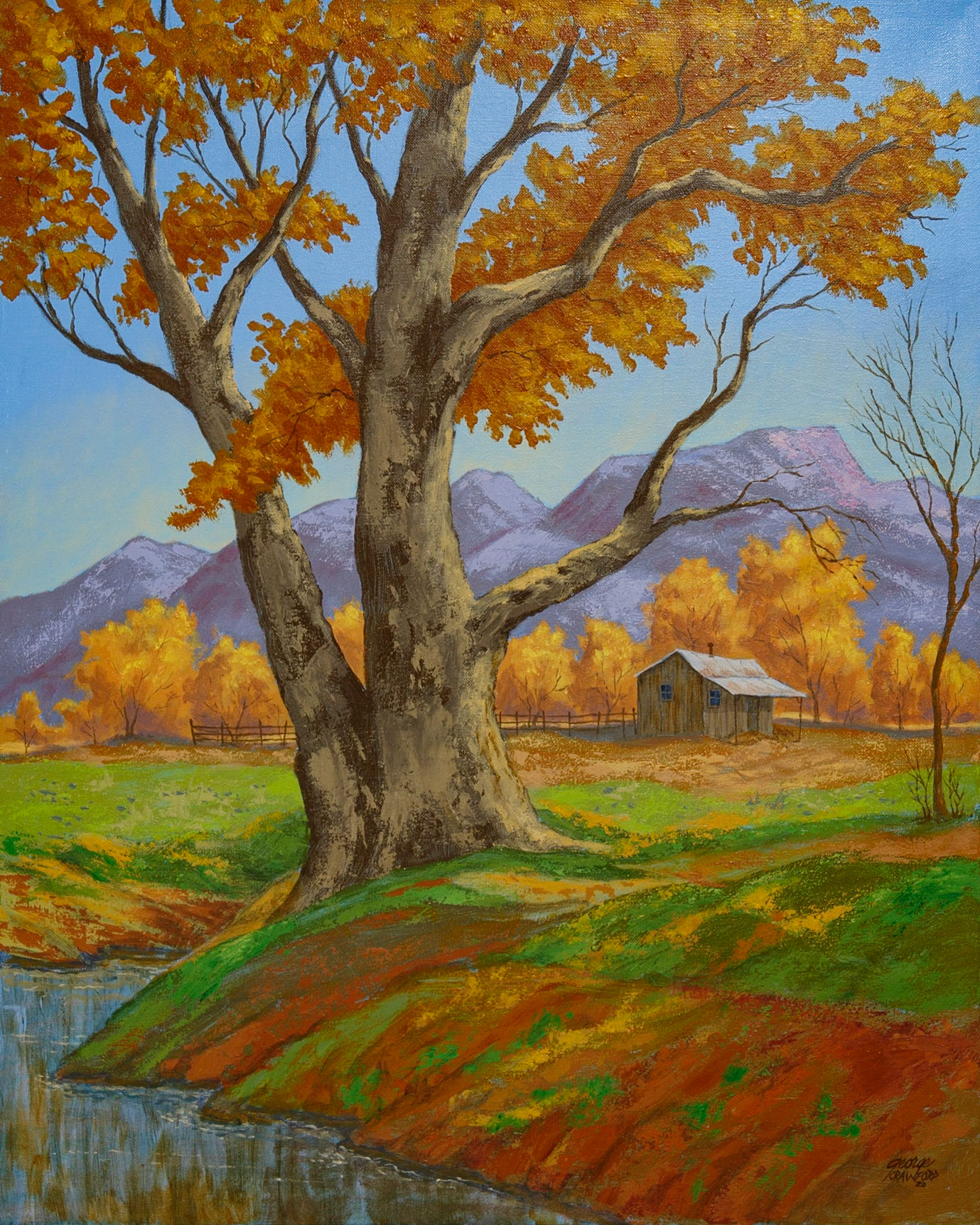 Creekside Cabin; Acrylic on canvas; 30 x 24 inches; © 2020