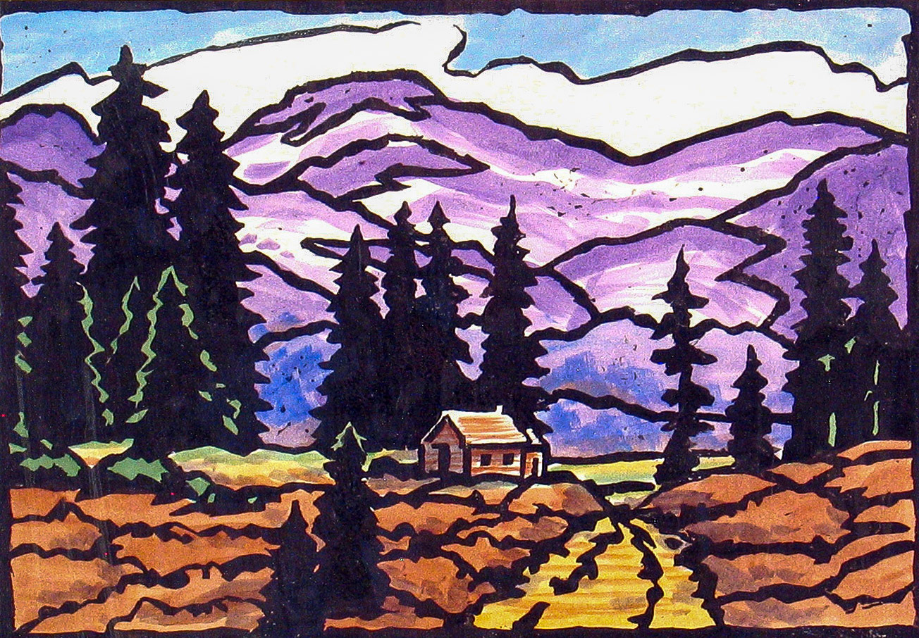 High Country Home; 7 x 9 inches; Hand-colored relief print; Edition of 20