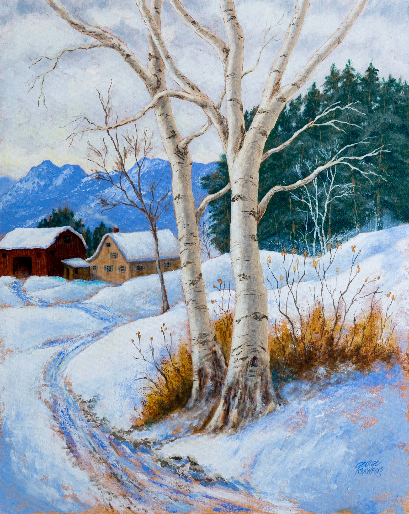 Farm at Cold Creek, Winter Birches; Acrylic on canvas; © 2017