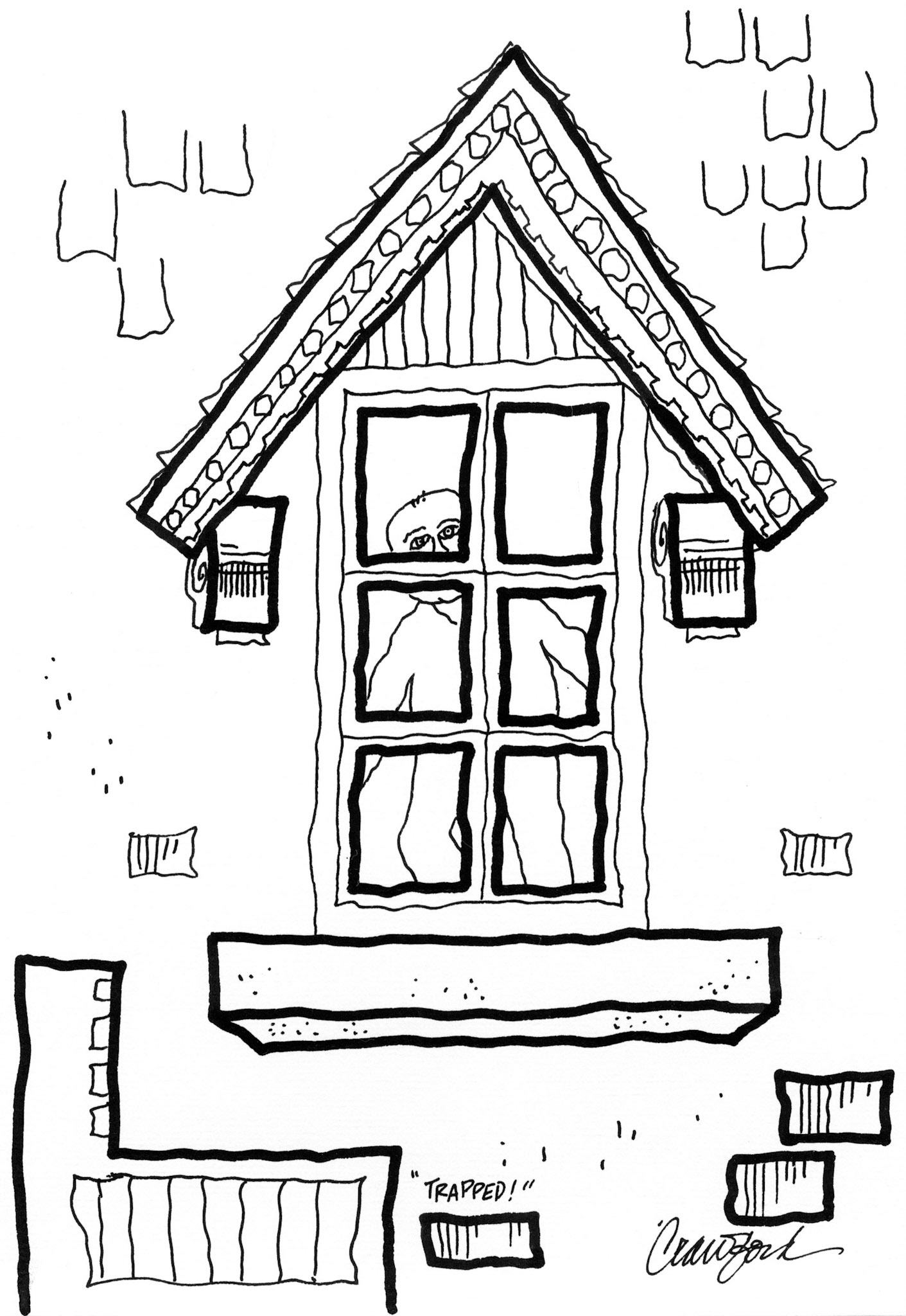 Trapped!; Pen and ink drawing