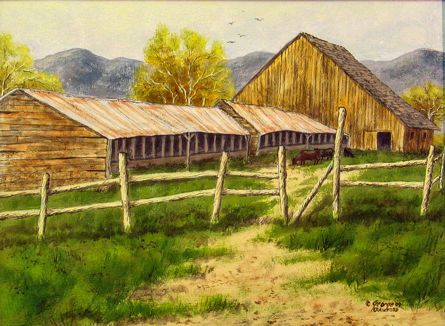 Milking Barns; 12 x 16 inches; Acrylic on board; © 2009