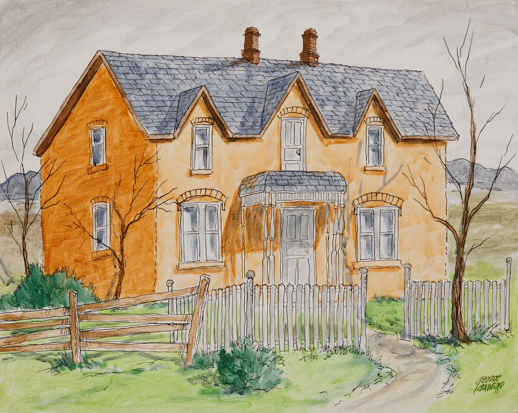 Untitled {Home with White Picket Fence}; Acrylic watercolor on canvas board; 16 x 20 inches; © 2017