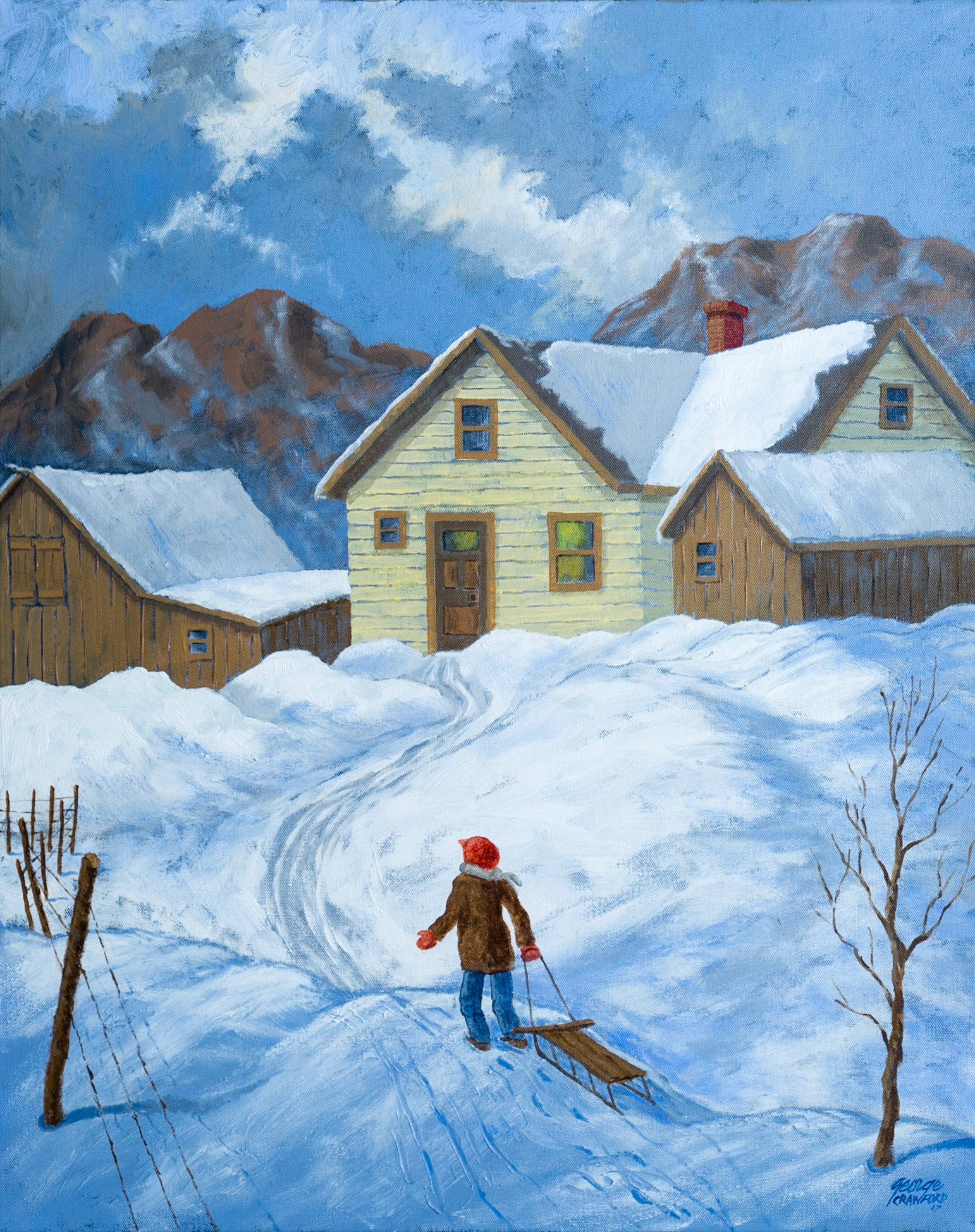 Sledding Season; Acrylic on canvas; 30  x 24  inches; © 2017