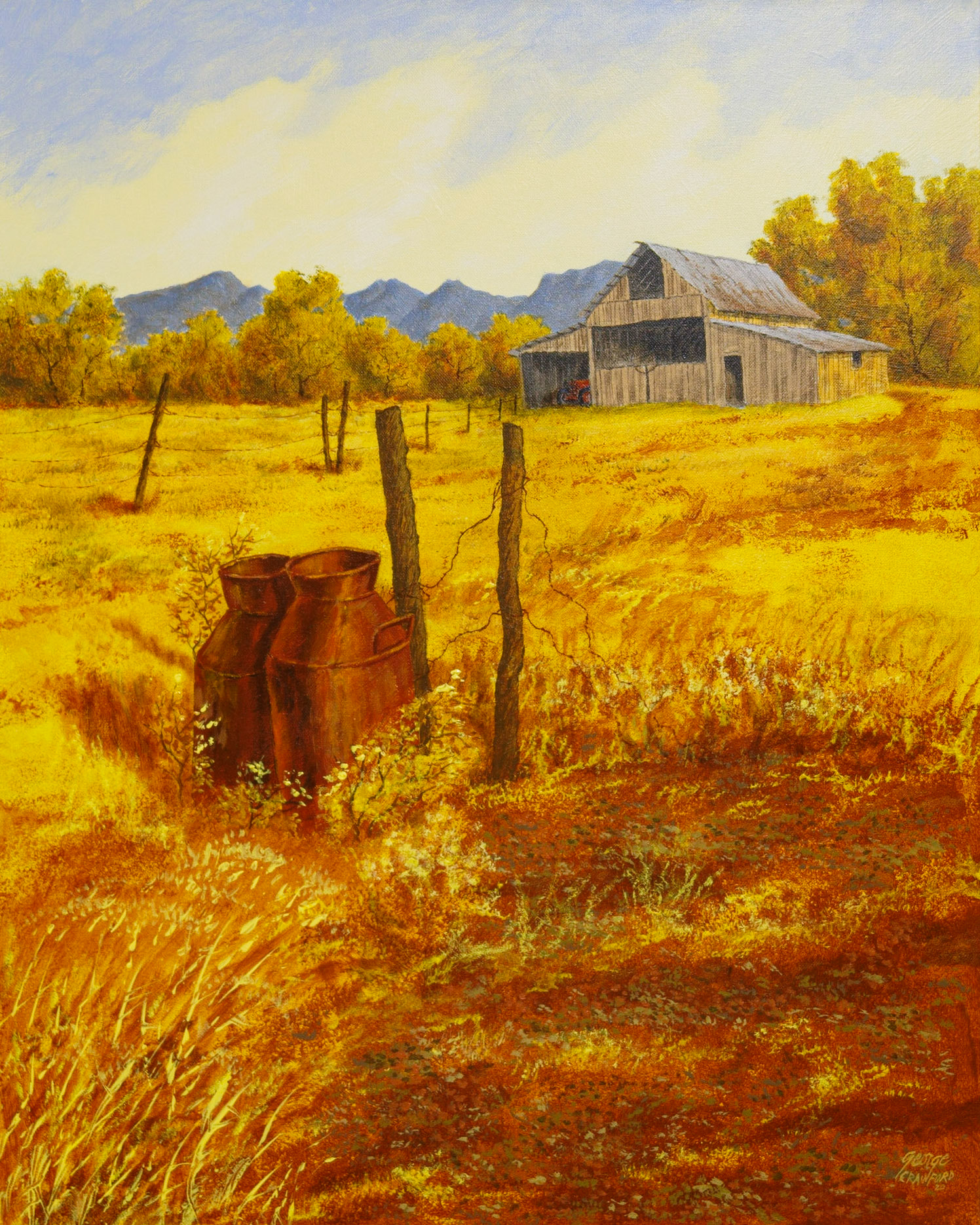 Milk Cans &amp; Meadows; Acrylic on canvas; 30 x 24 inches; © 2020