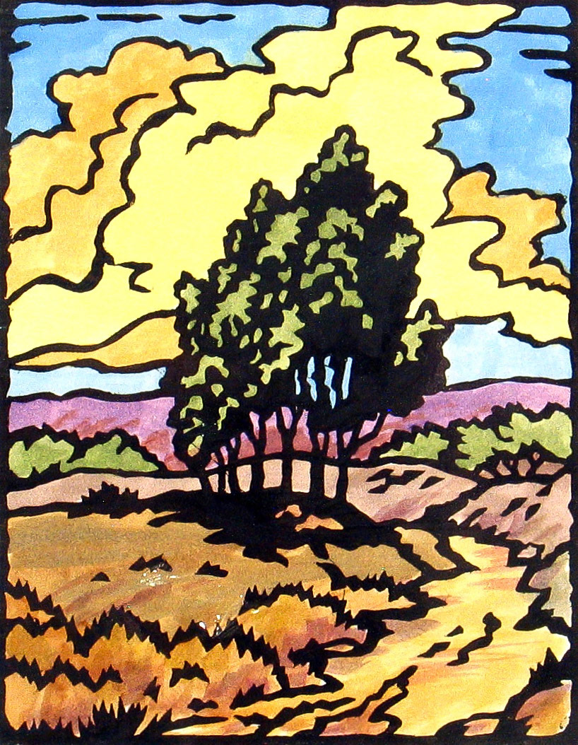 Back Country Afternoon; 9 x 7 inches; Hand-colored relief print; Edition of 20