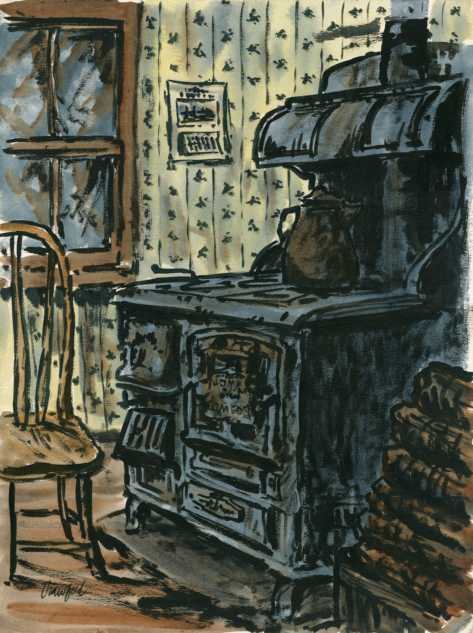 Untitled {Woodburning Stove}; Acrylic watercolor on paper; 24 x 18 inches; ©