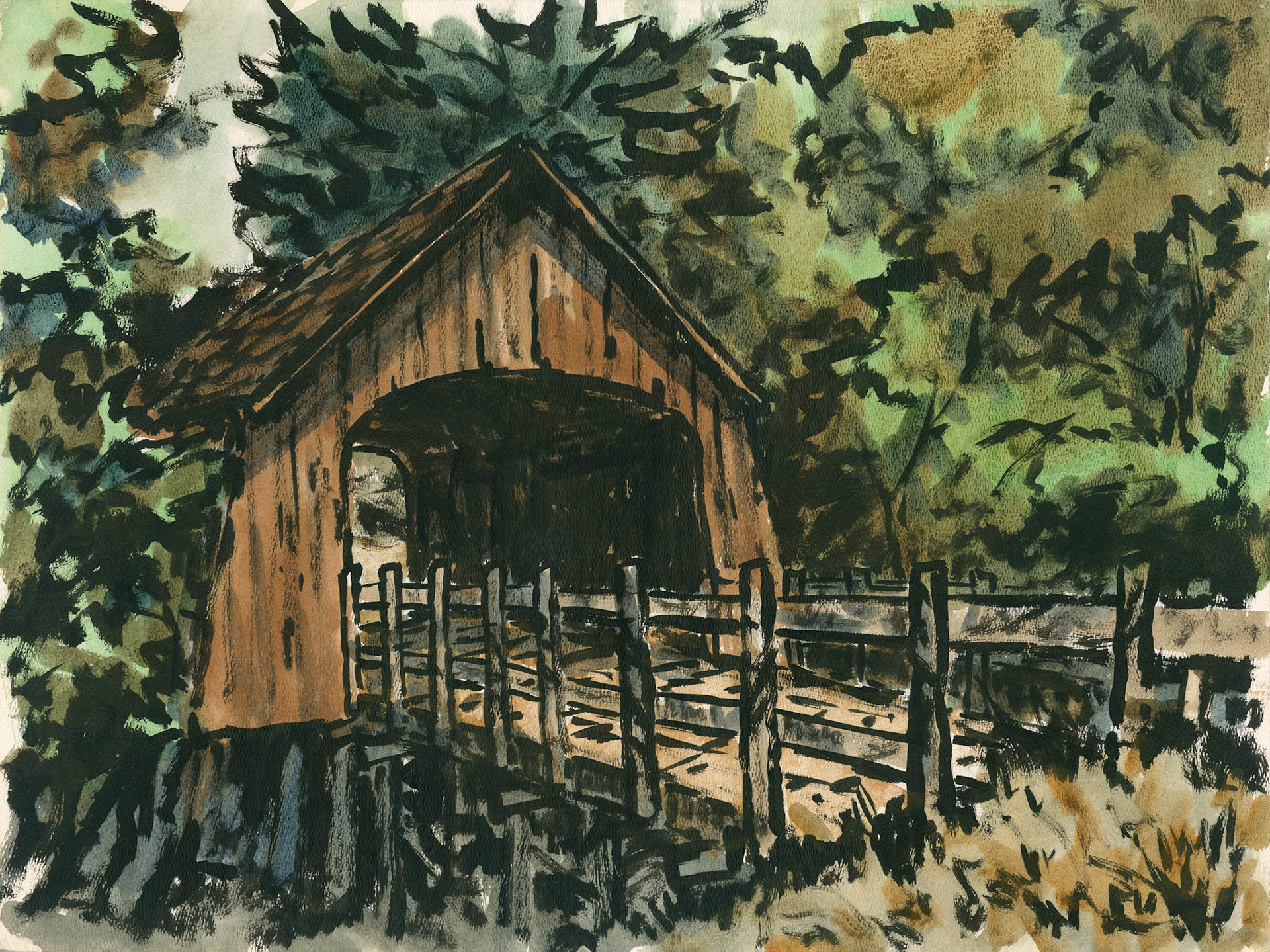 Untitled {Covered Bridge}; Acrylic watercolor on paper; 18 x 24 inches; ©