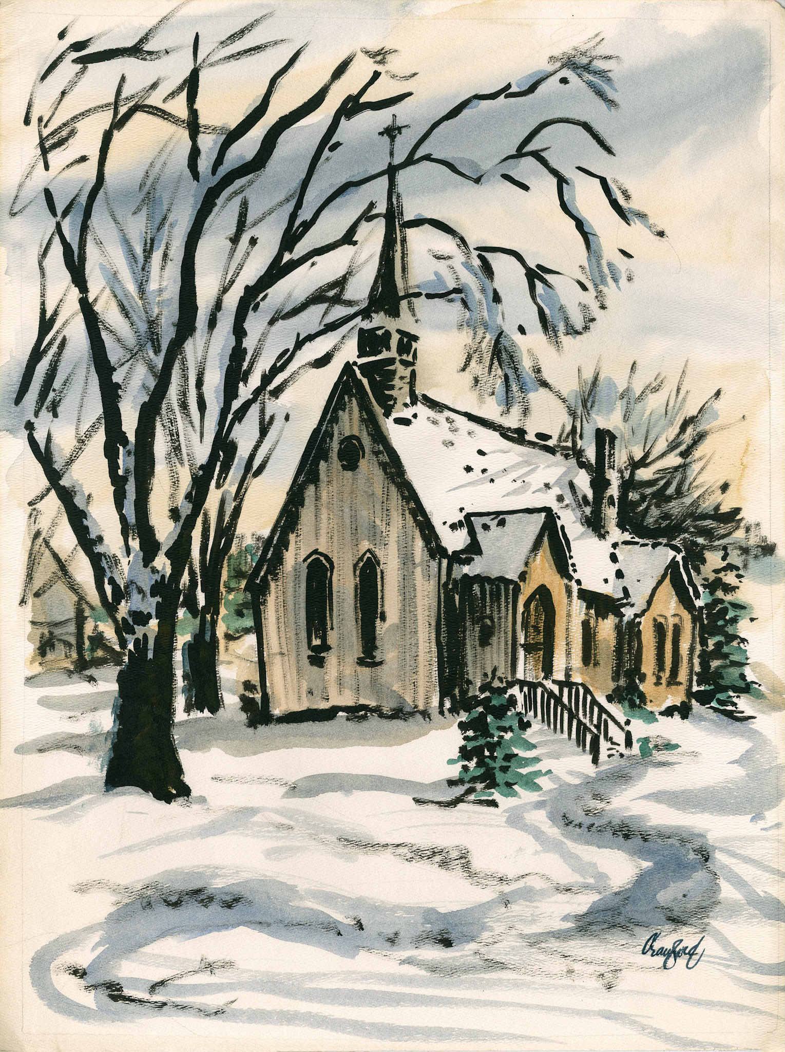 Untitled {Church in Snow}; Acrylic watercolor on paper; 24 x 18 inches; ©