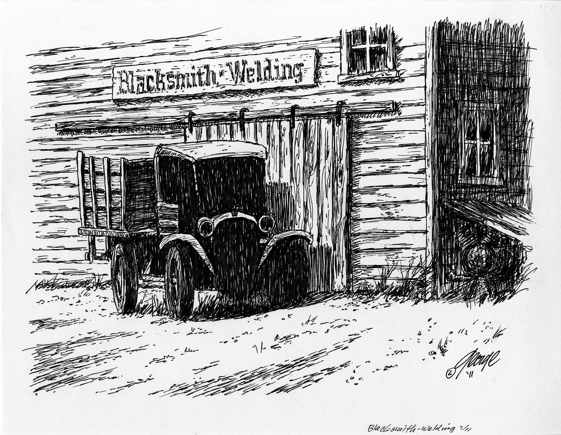 Blacksmith & Welding; Pen and ink drawing; © 2011
