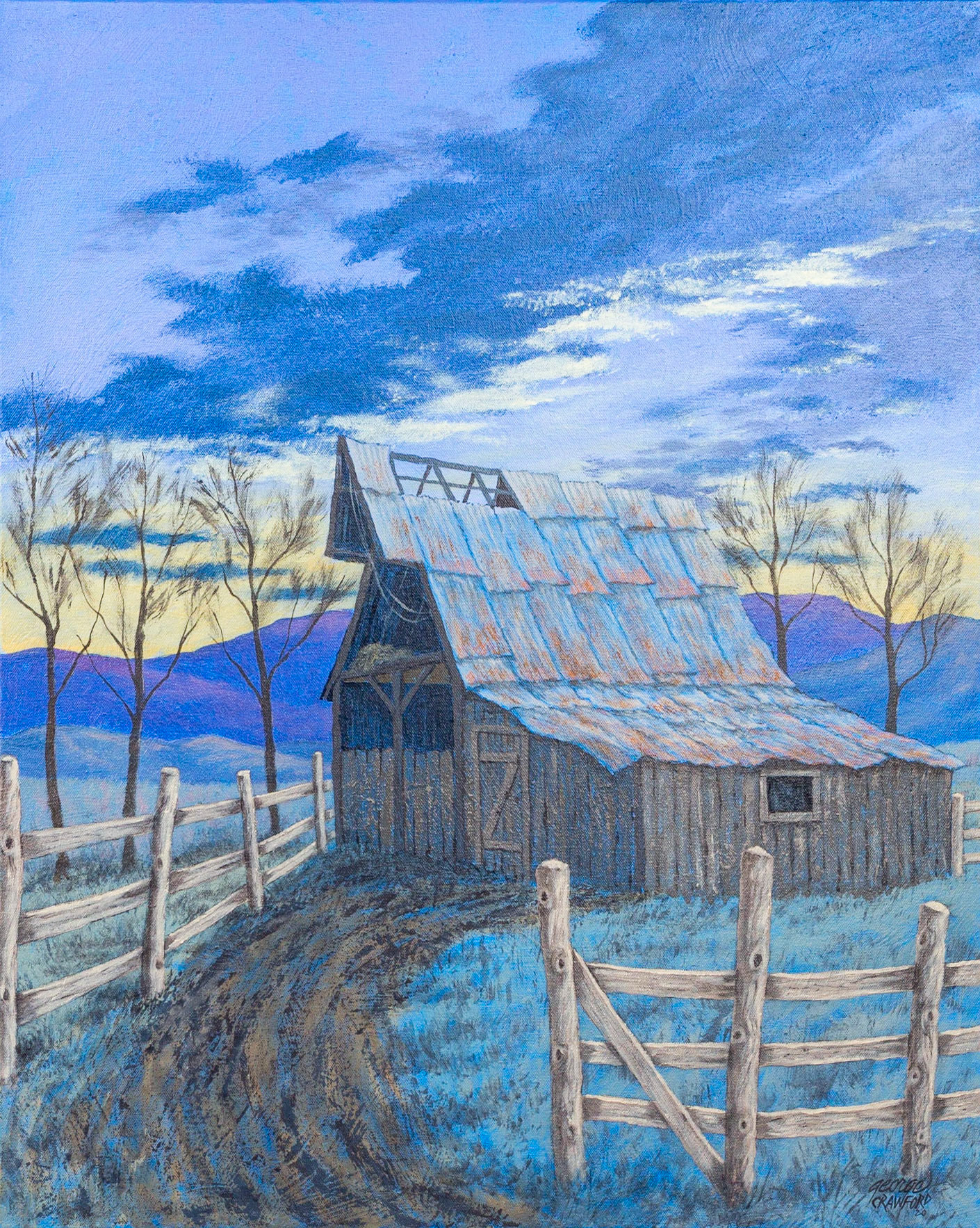 Daybreak at Turner's Barn; Acrylic on canvas; 30  x 24  inches; © 2020