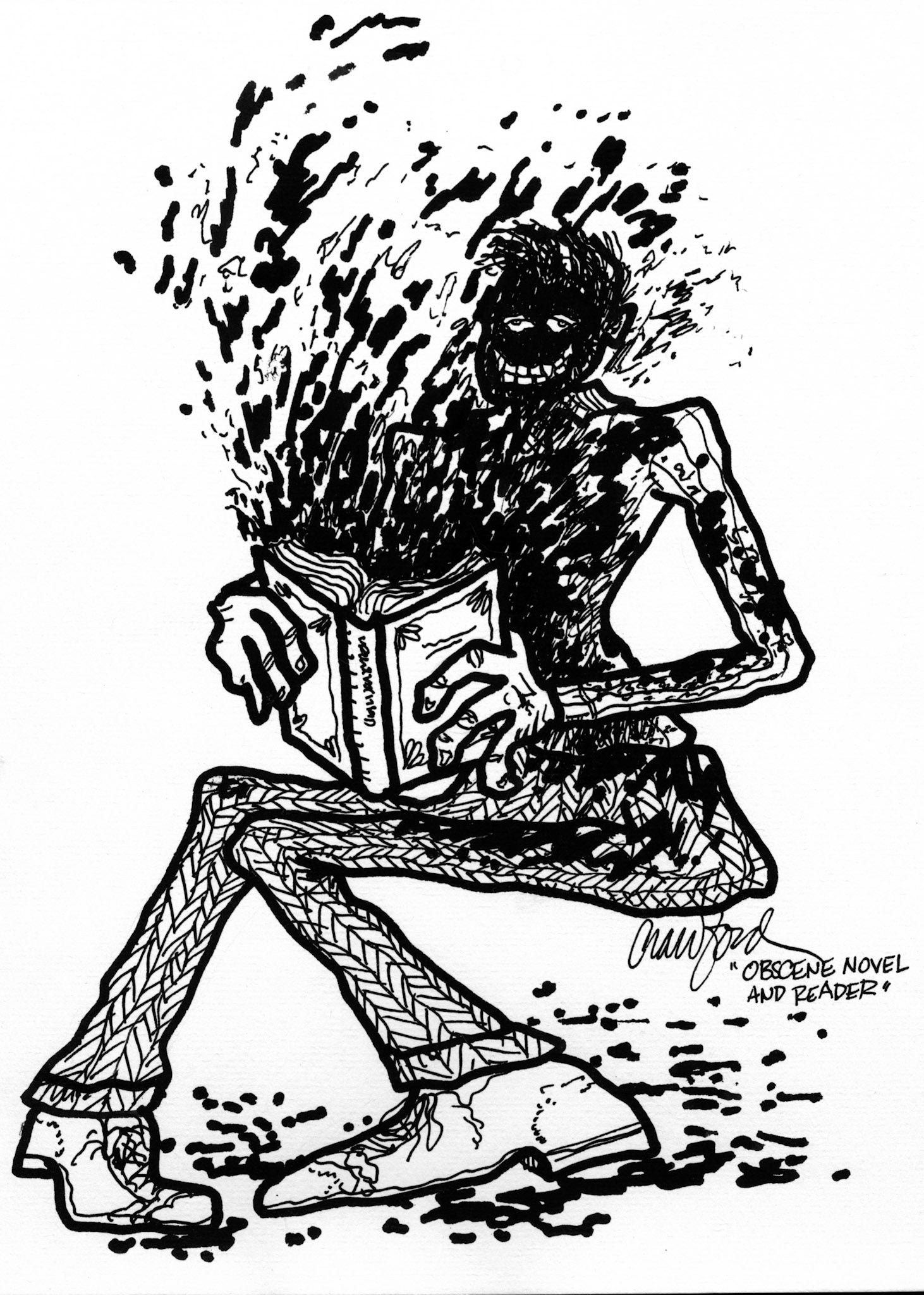 Obscene Novel and Reader; Pen and ink drawing