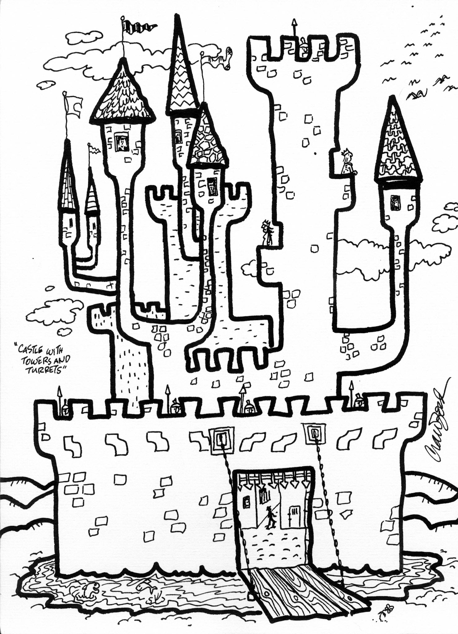 Castle with Towers and Turrets; Pen and ink drawing