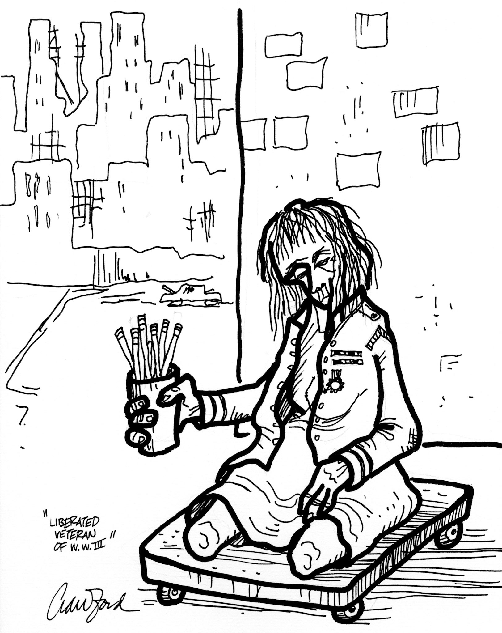 Liberated Veterand of WWII; Pen and ink drawing