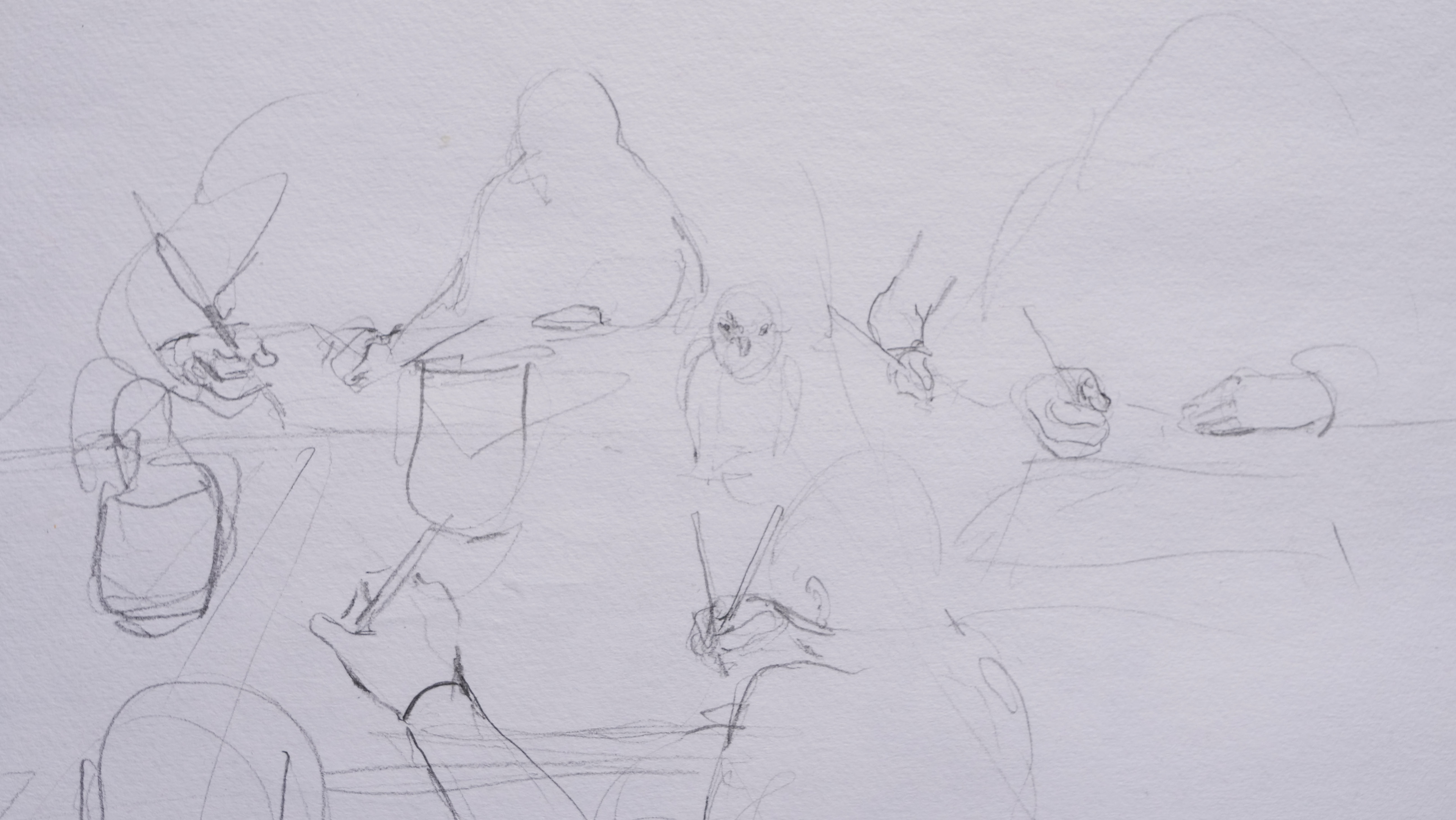 drawing of children drawing the Mochica and Nazca objects at Manchester Museum.