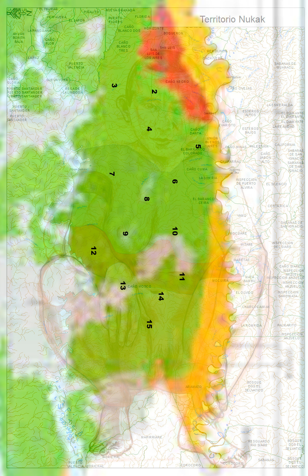 Nükak body map over an cartography