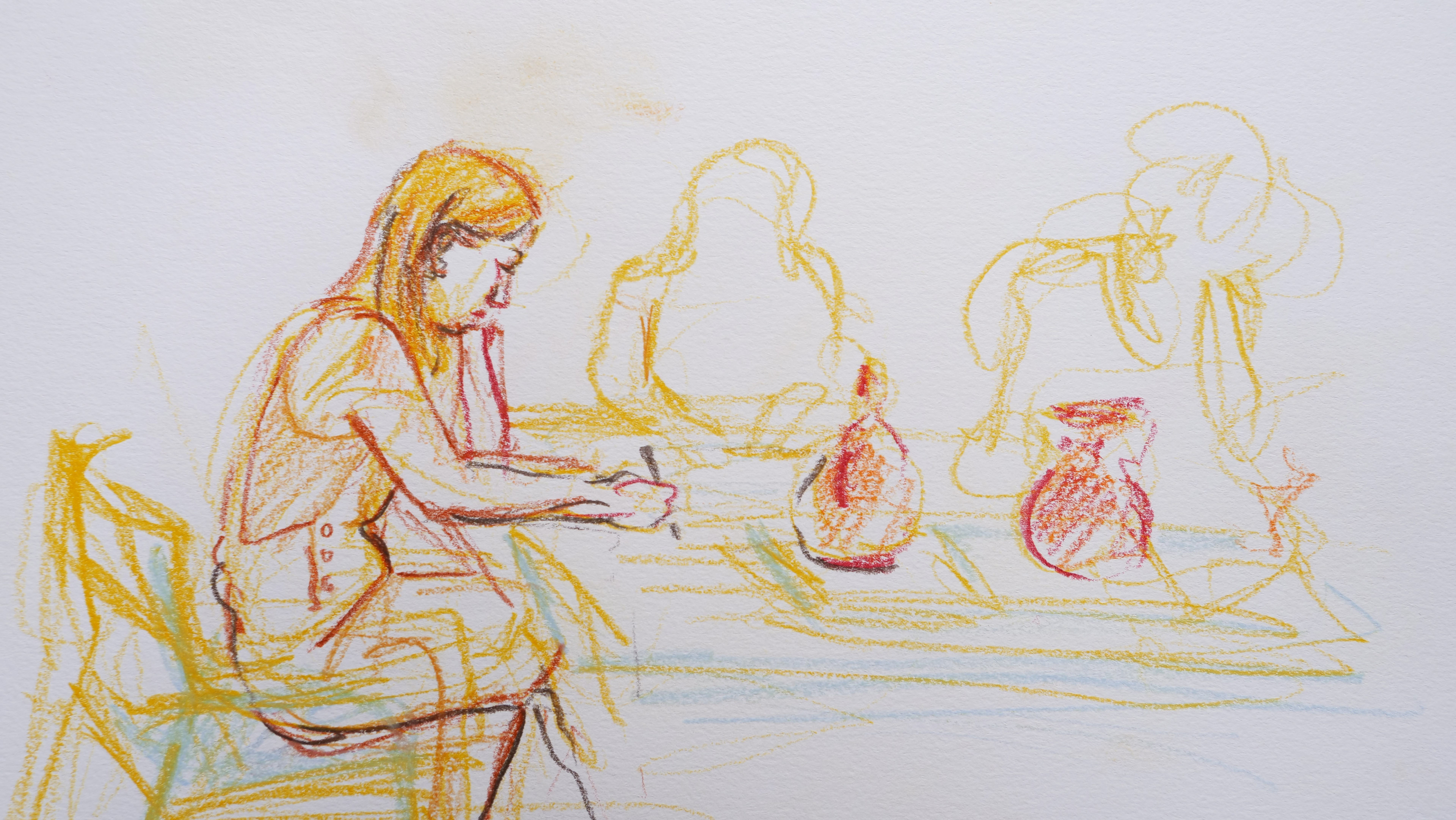 drawing of young adults drawing the Mochica and Nazca objects at Manchester Museum.