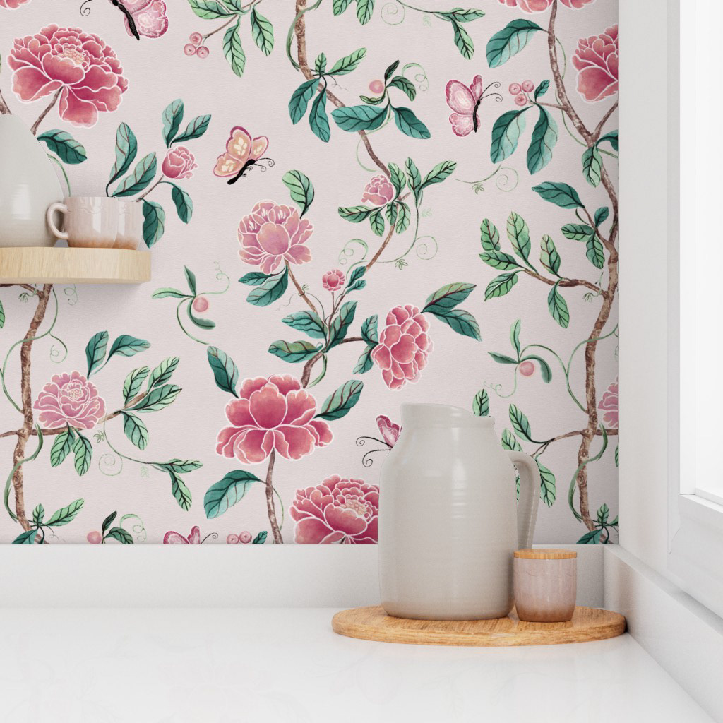 Dust Pink Powder Room Floral Wallpaper