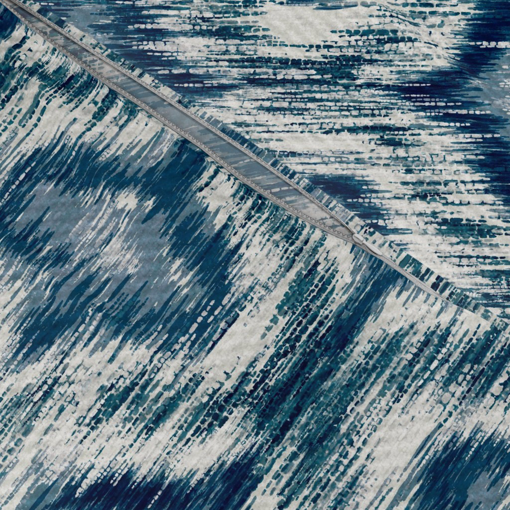 Close-up texture detail of Boho Style Ikat Ogee fabric in indigo blue showing soft diffused ikat edges