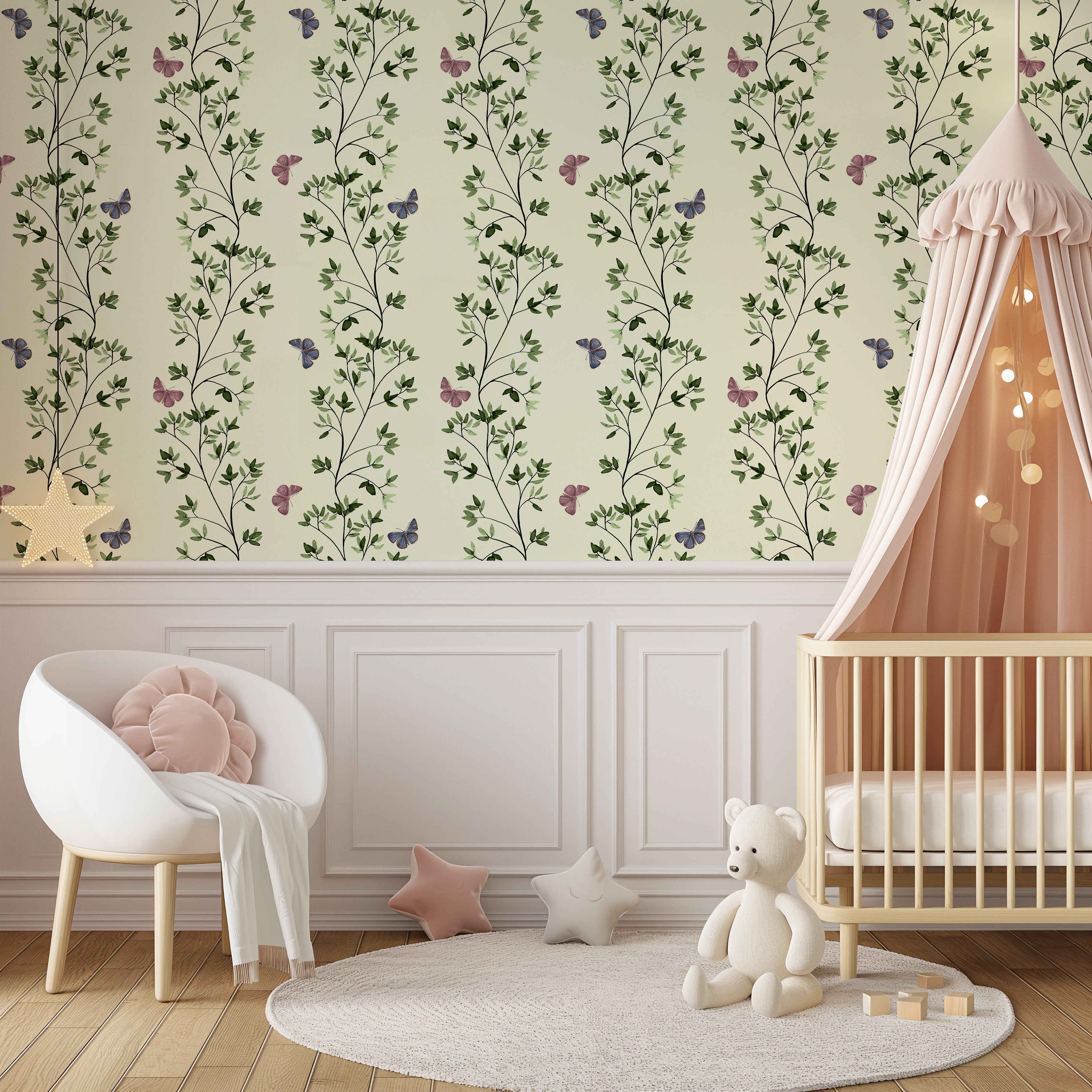 Soft Green Nursery Wallpaper Handdrawn Butterflies and Leaves