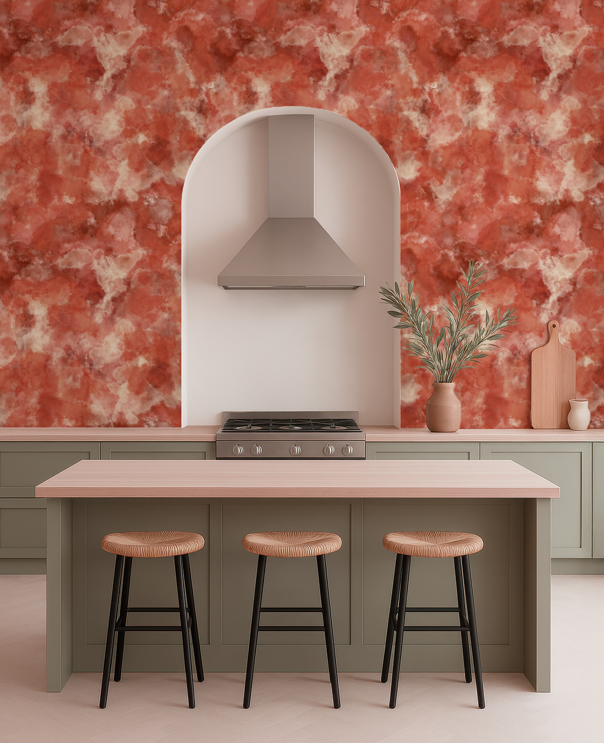 Mediterranean Kitchen with Red Marble Backdrop