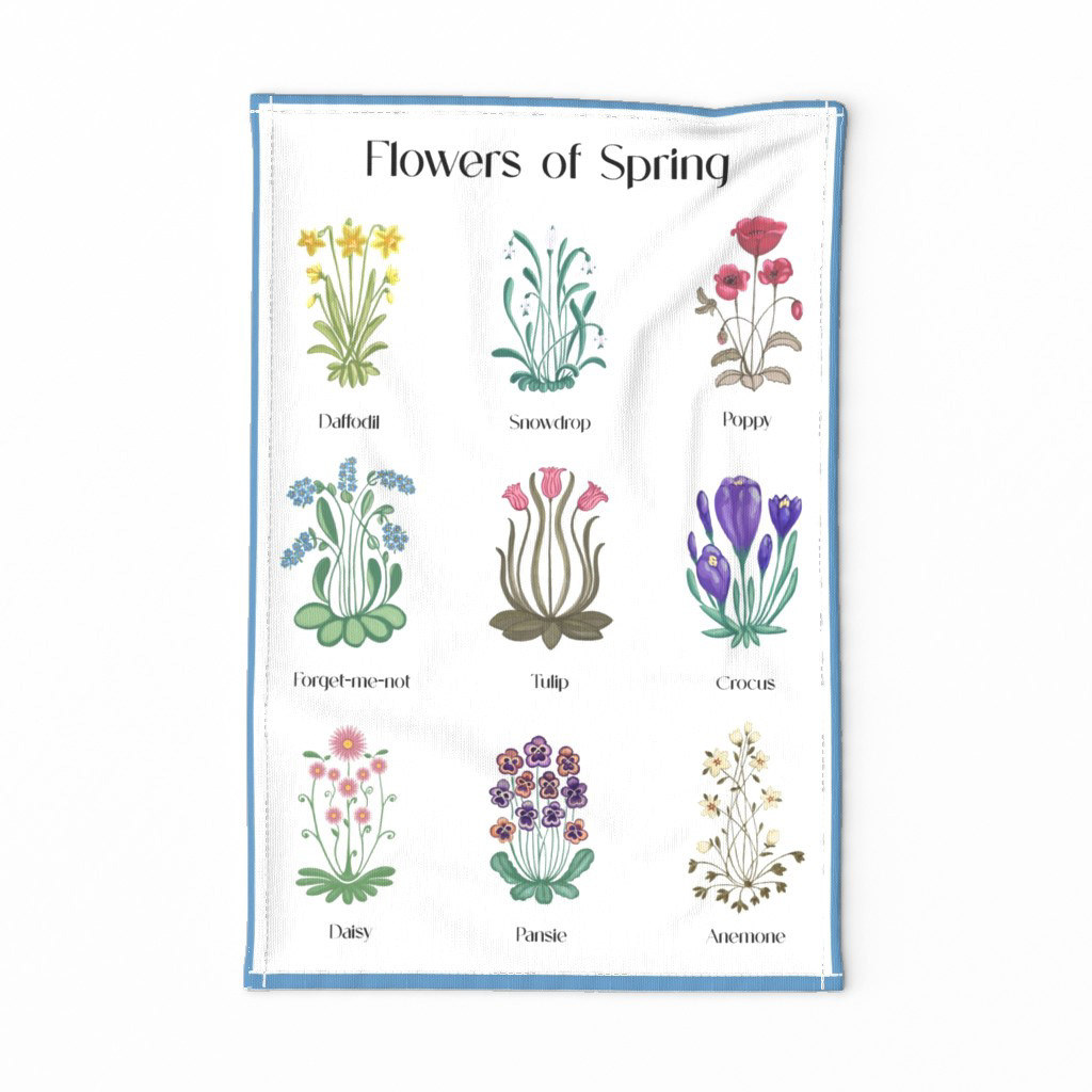 Flowers of Spring hand drawn tea towel with 9 stlylized floral designs.