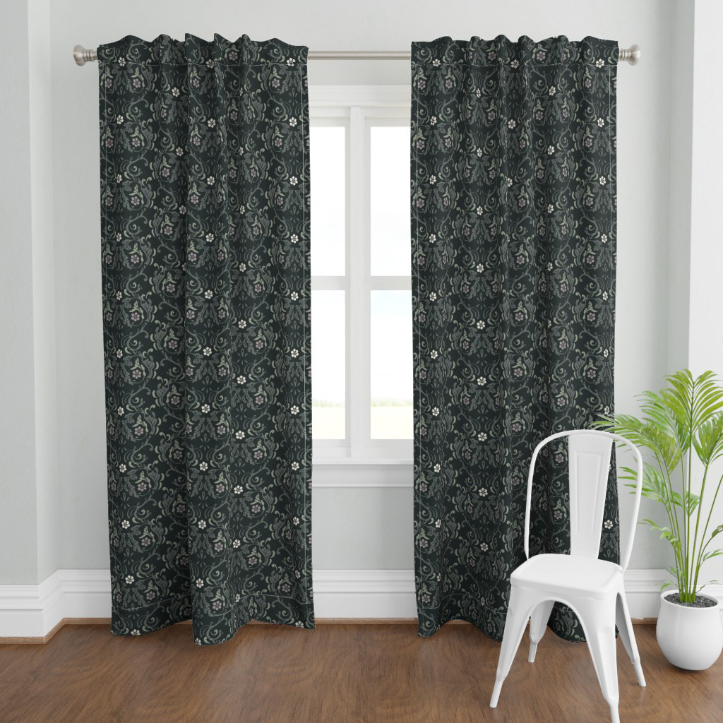 Dark Green Curtains Historic Pattern Design