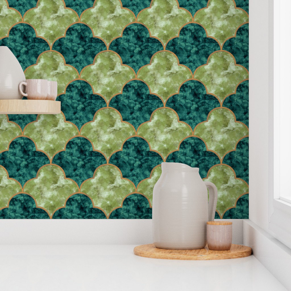 Spoonflower Mockups Kitchen Backdrop Deep and Biophilic Green Moroccan Tile Wallpaper