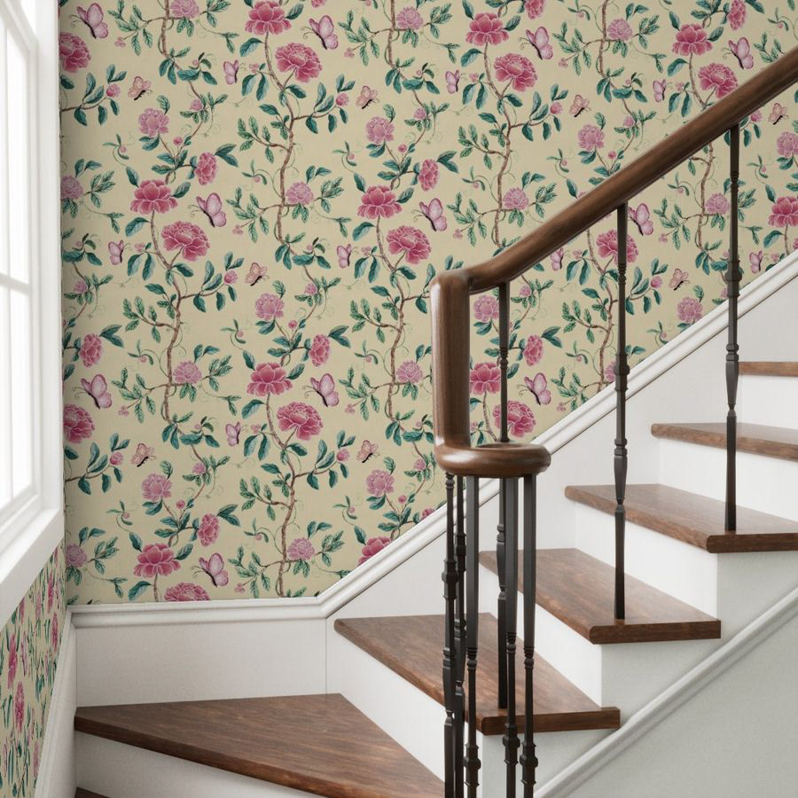 Inviting, bright hallway wallpaper florals