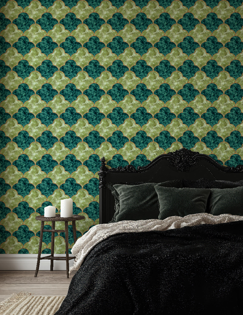 Rich and Fresh Green Moroccan Stile Wallpaper Copper Accents Feminie Bedroom