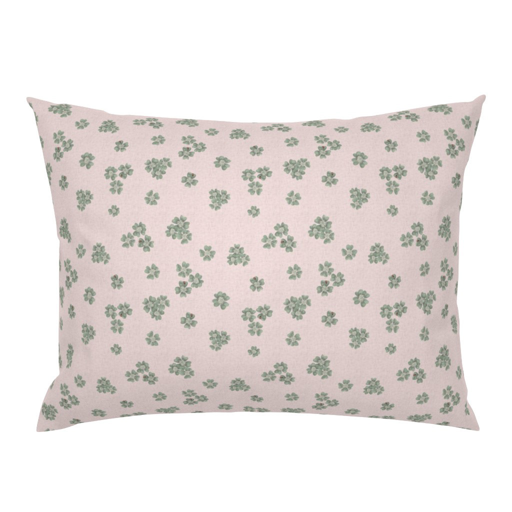 scatter pattern, on a white background Pillowcase in Clover Scatter blush pink colourway with sage green clover motif, on a white background