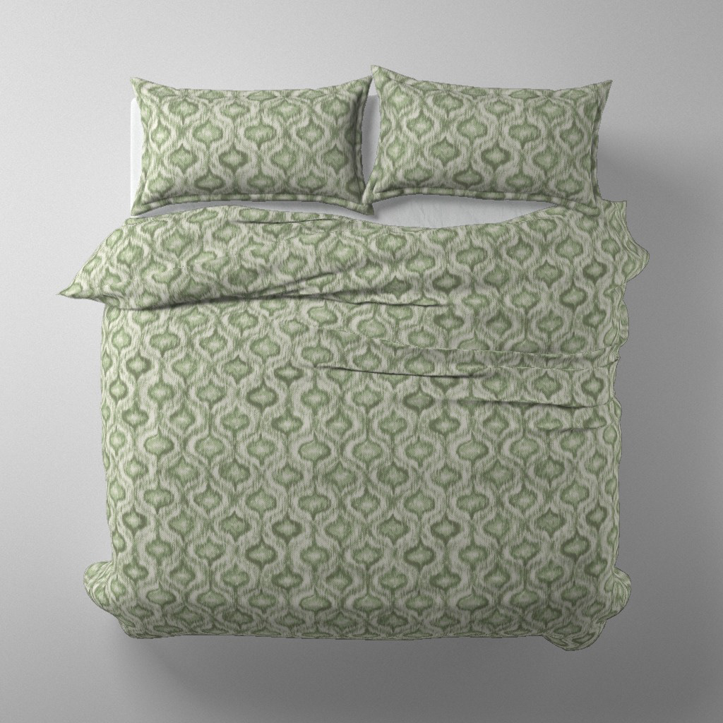 Duvet cover and pillow set mockup in Boho Style Ikat Ogee sage green colourway on a styled bed, by Lemon Dessin