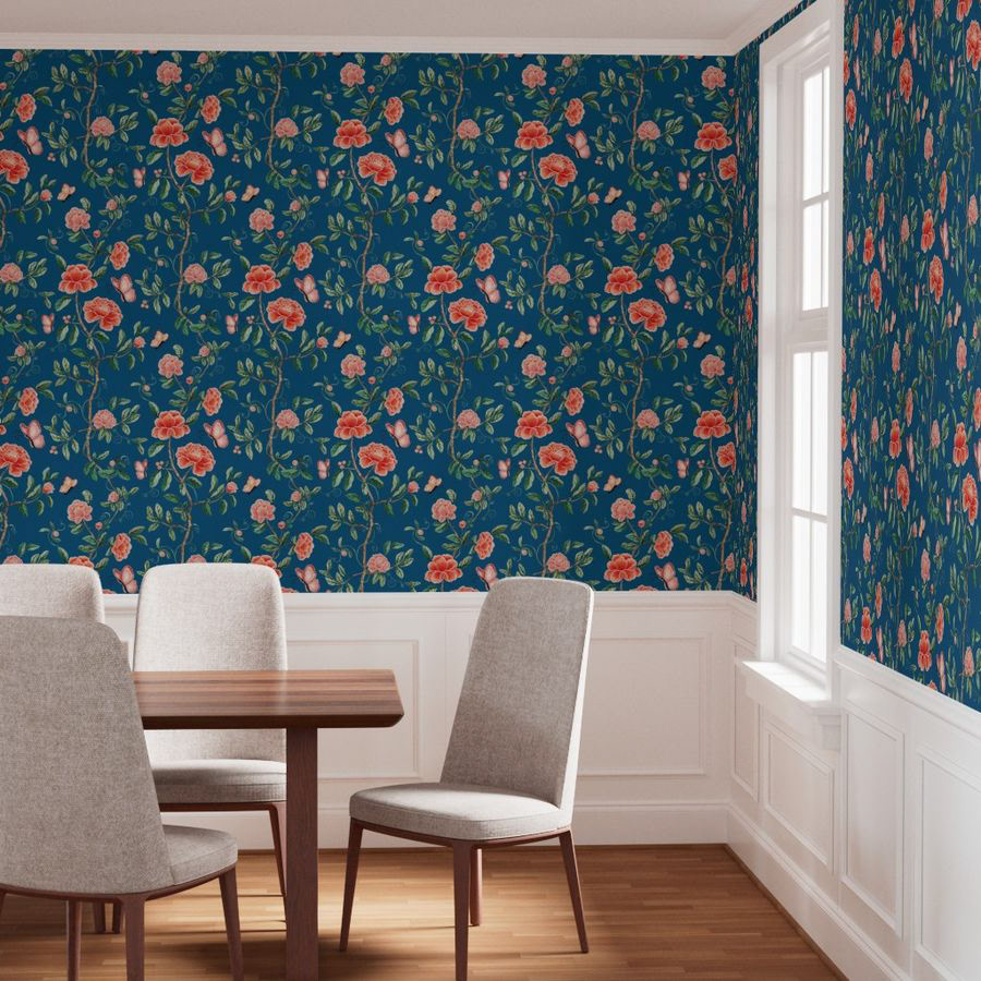 Gorgeous Blue Wallpaper with Orange Florals
