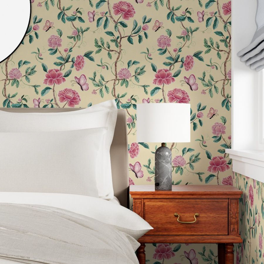 Butter Cream Bedroom Pink Flowers Wallpaper