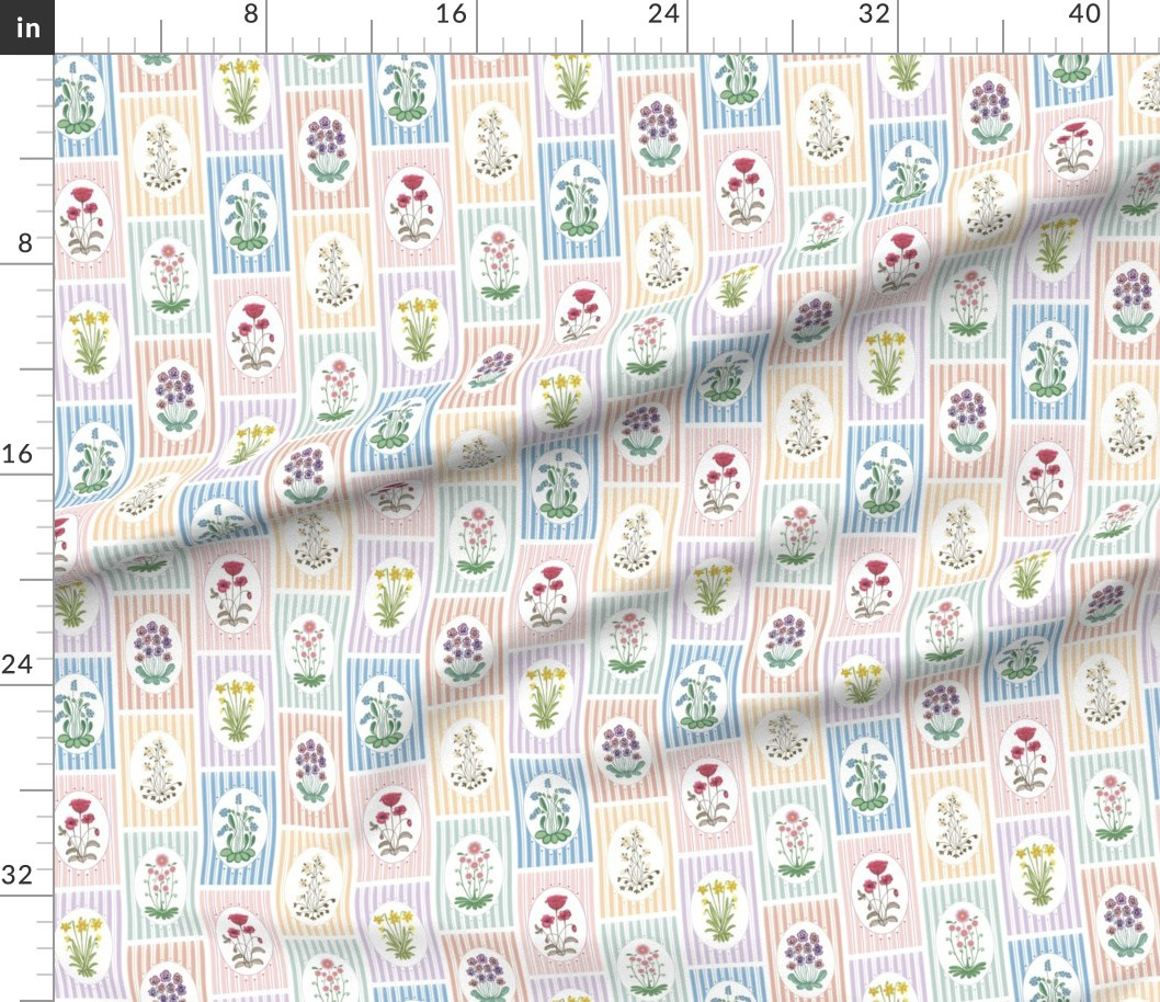 Pastel Stripes Flower Stamps Fabric