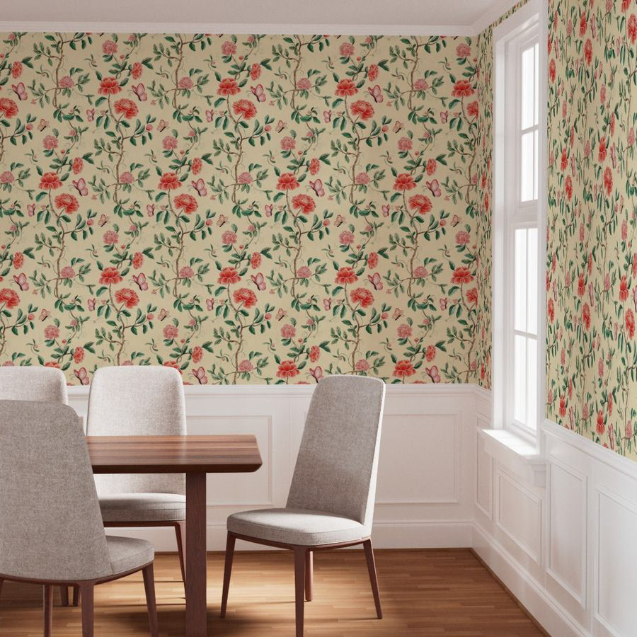 Butter Yellow Dining Room Floral Wallpaper