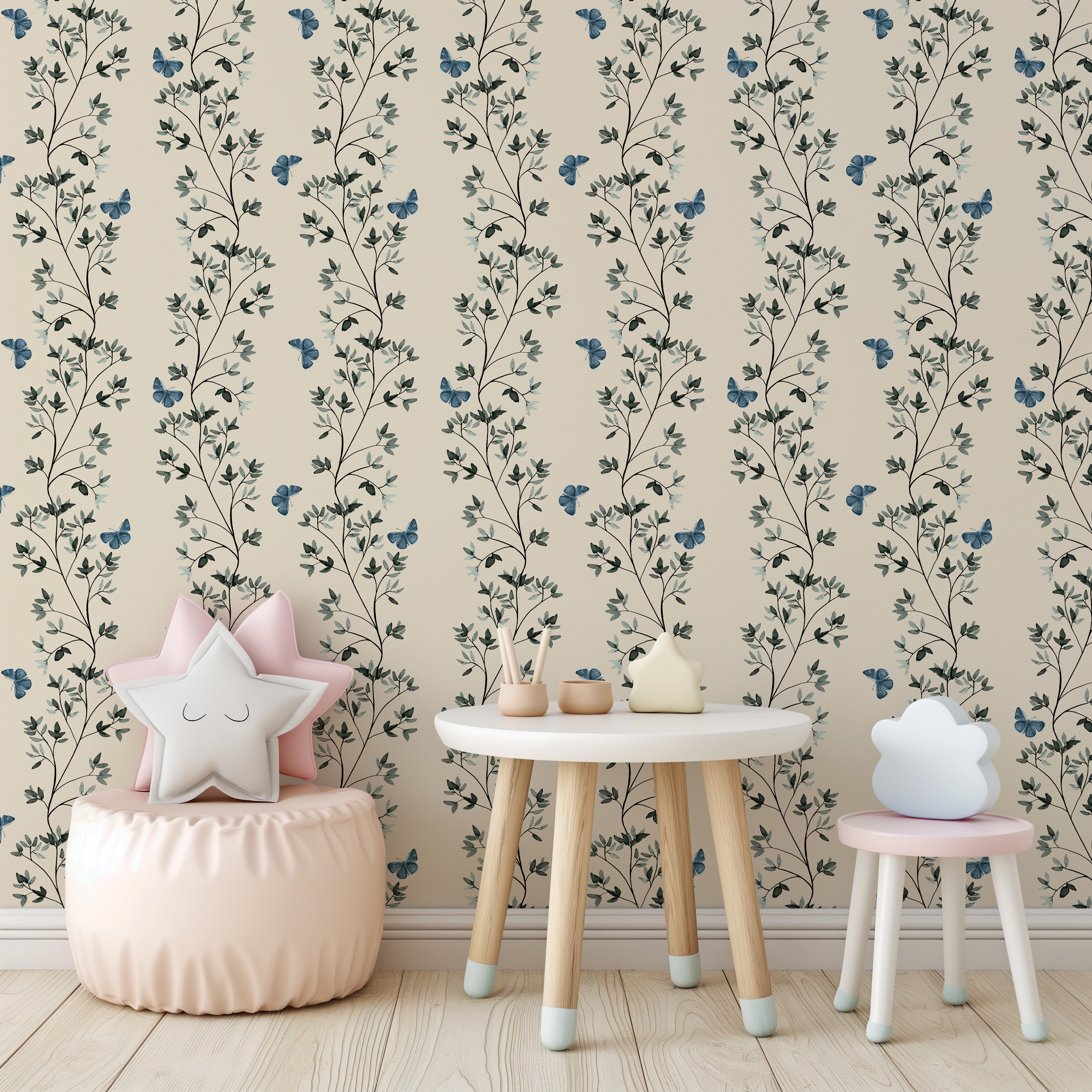 Neutral Nursery Wallpaper Blue Butterfiles