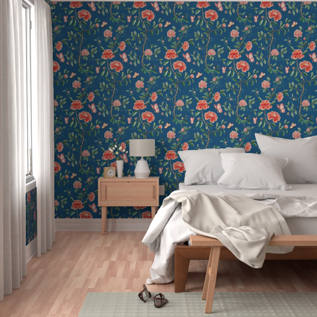 Beautiful Bright Blue and Tangerine Floral Bedroom