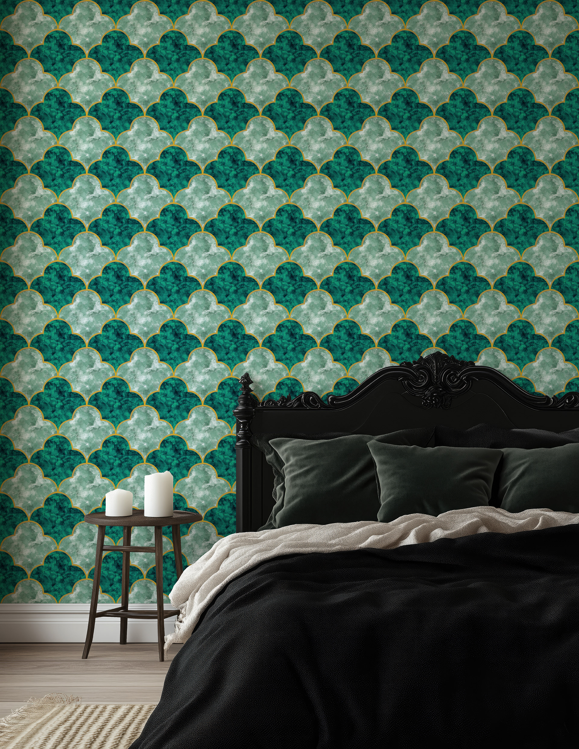 Feminine Romantic Gothic Bedroom Emerald Green Wallpaper