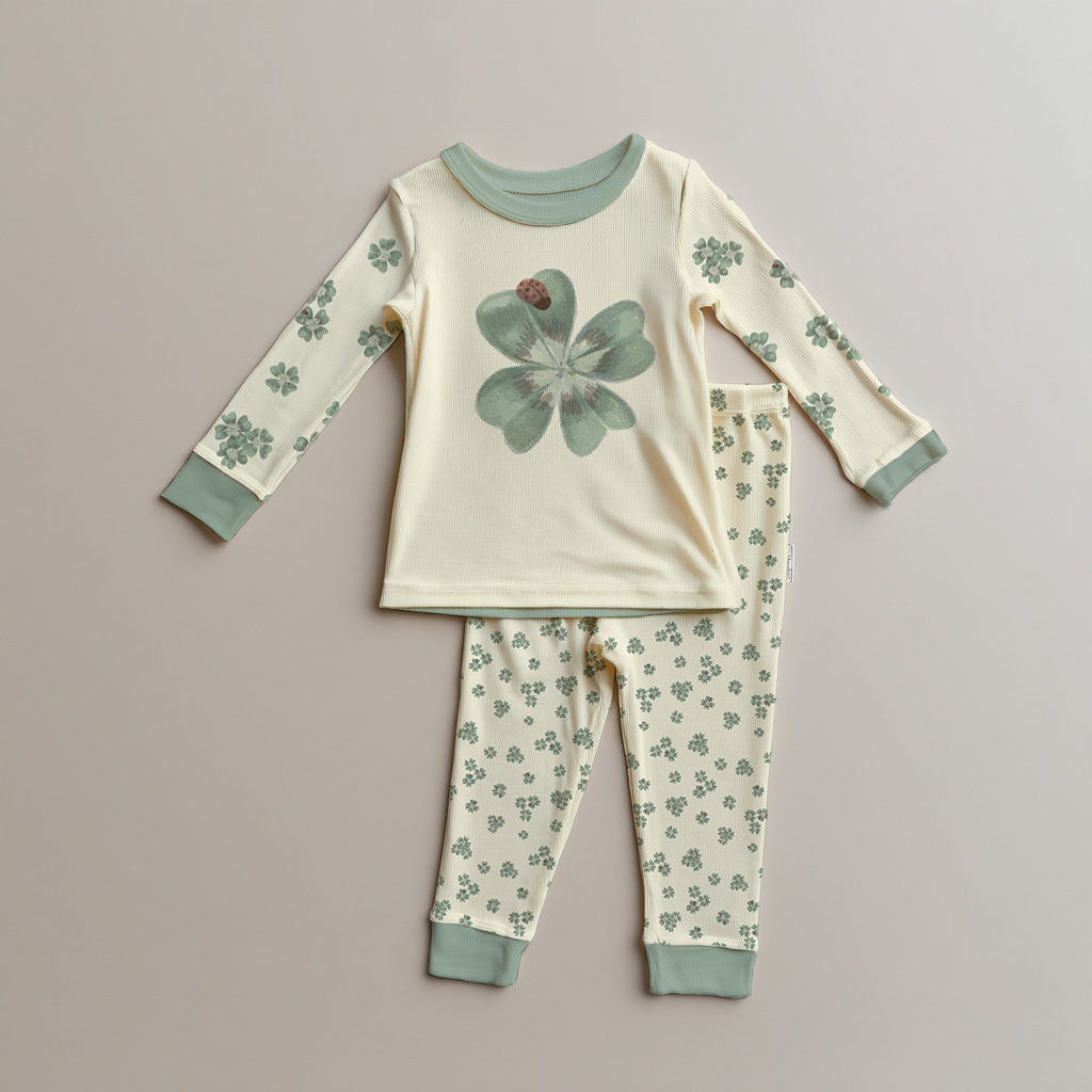 Children's pyjama set in Clover Scatter sage green botanical print on a white background