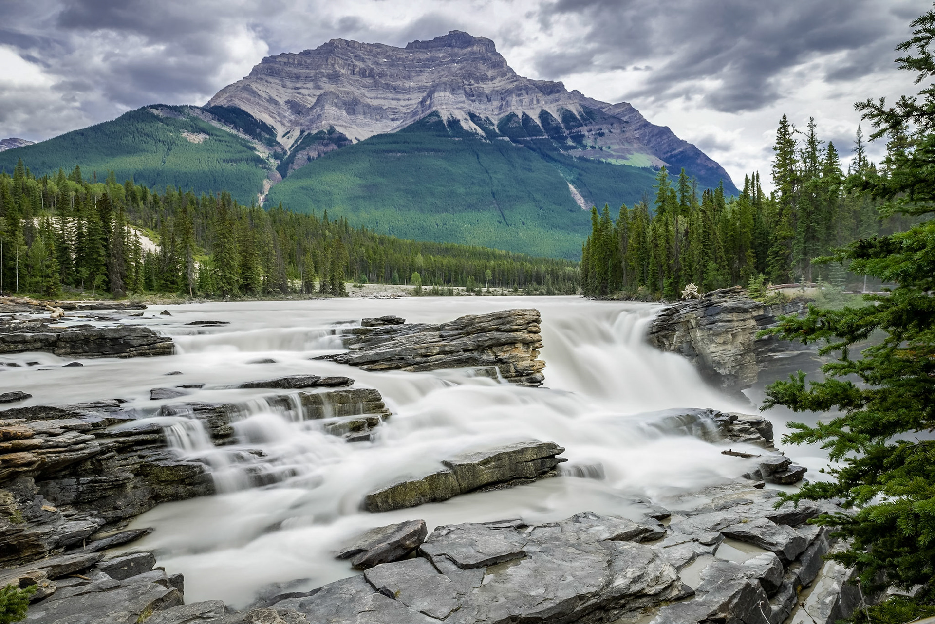 Athabasca Falls is a waterfall in Jasper National Park on the upper Athabasca River, approximately 30 kilometres south of the townsite of Jasper, Alberta, Canada, and just west of the Icefields Parkway.