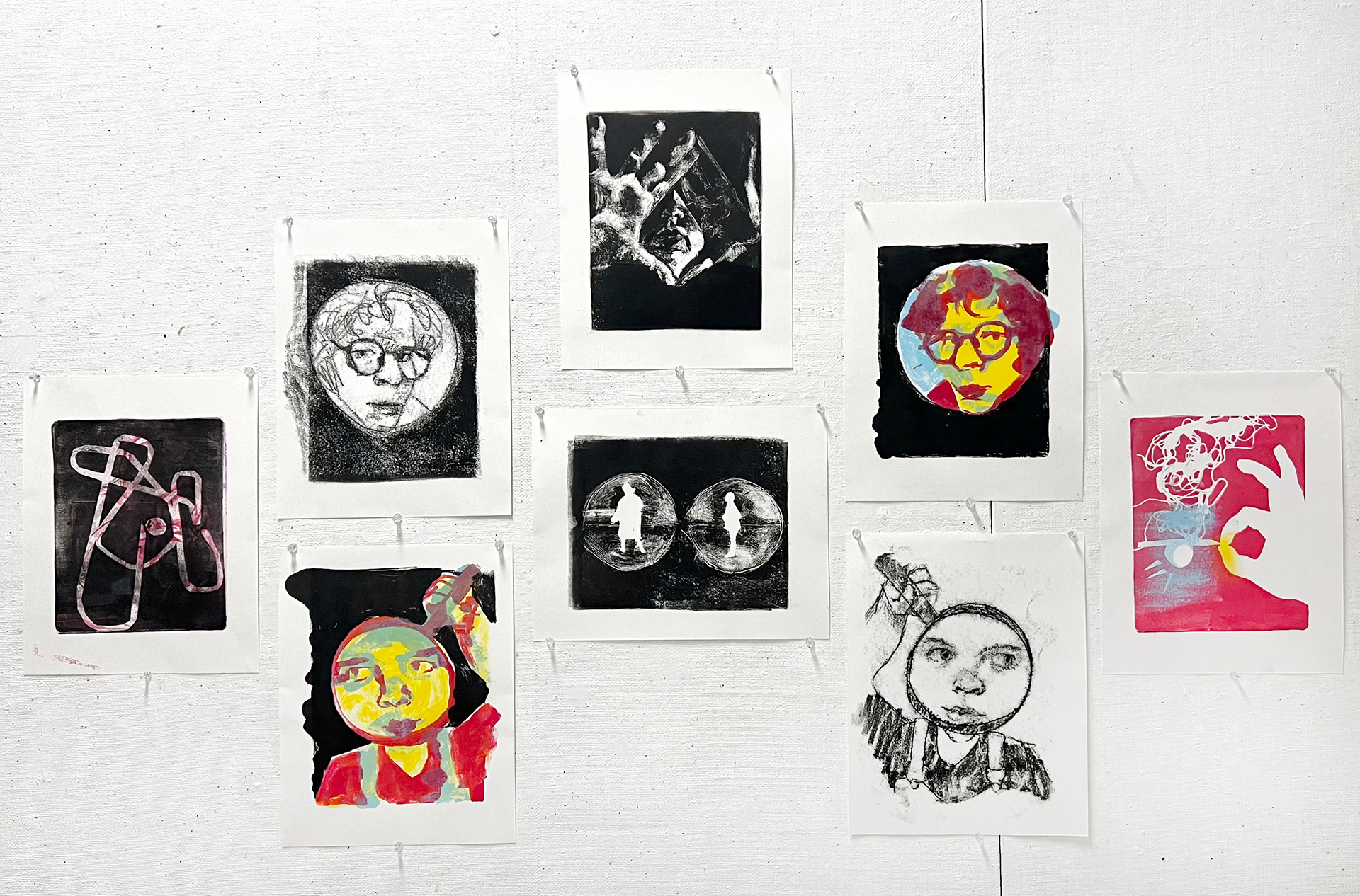 "Autofocus" Series, Various Monoprint Techniques, 11" x 14" each, 2024