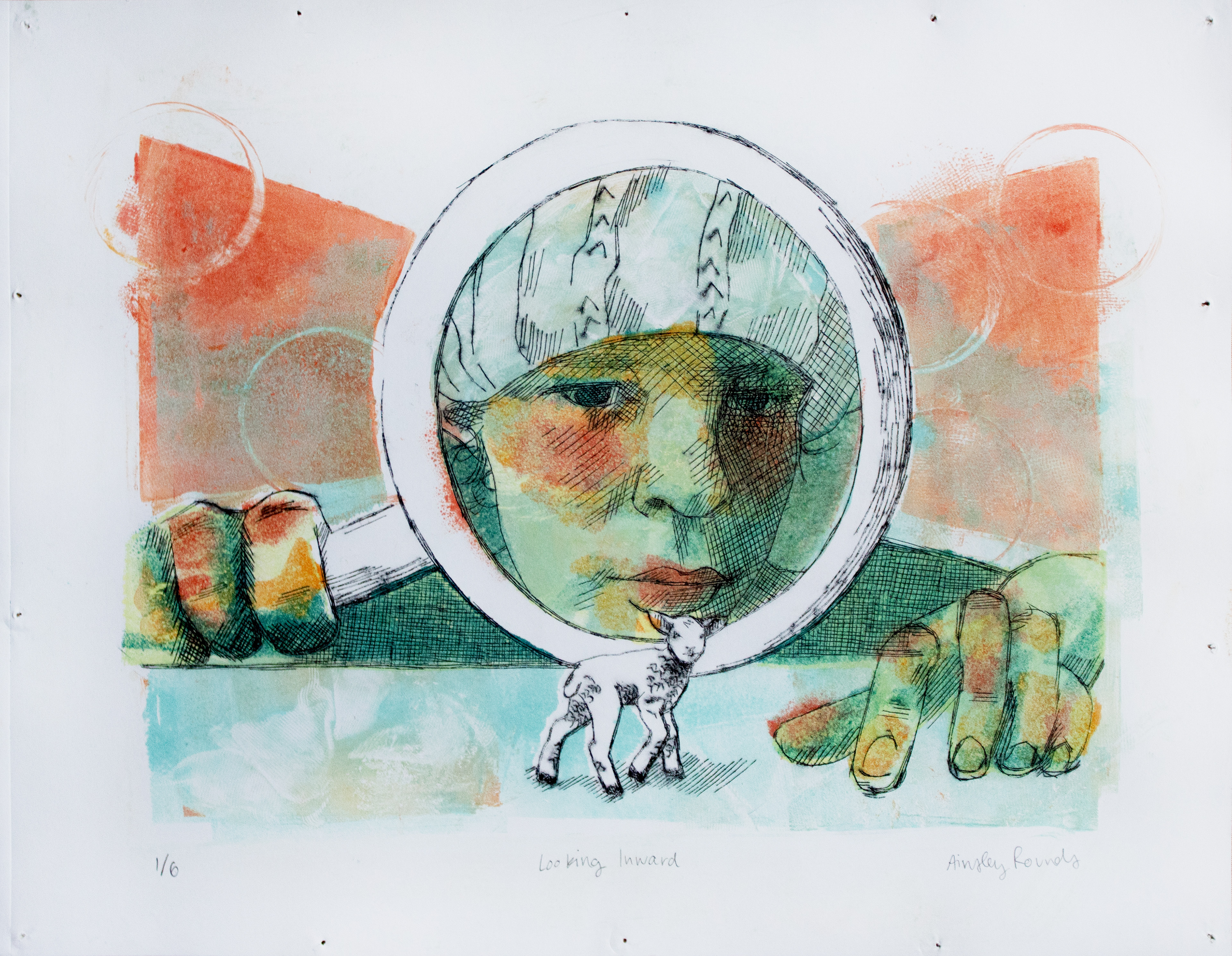 "Looking Inward", Gelli Print and Drypoint, 11" x 14", 2024